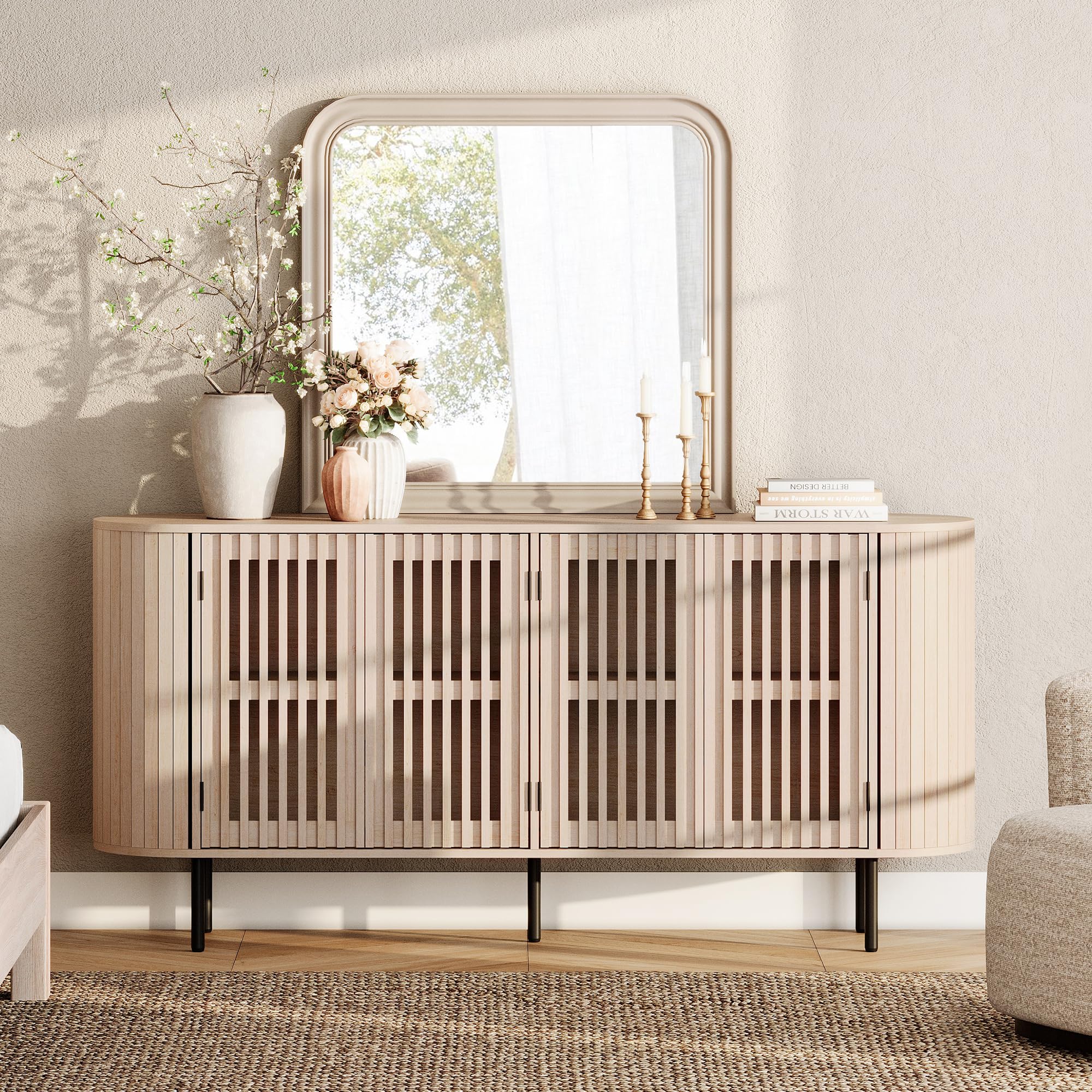 Fluted Sideboard Buffet Cabinet with 4 Doors