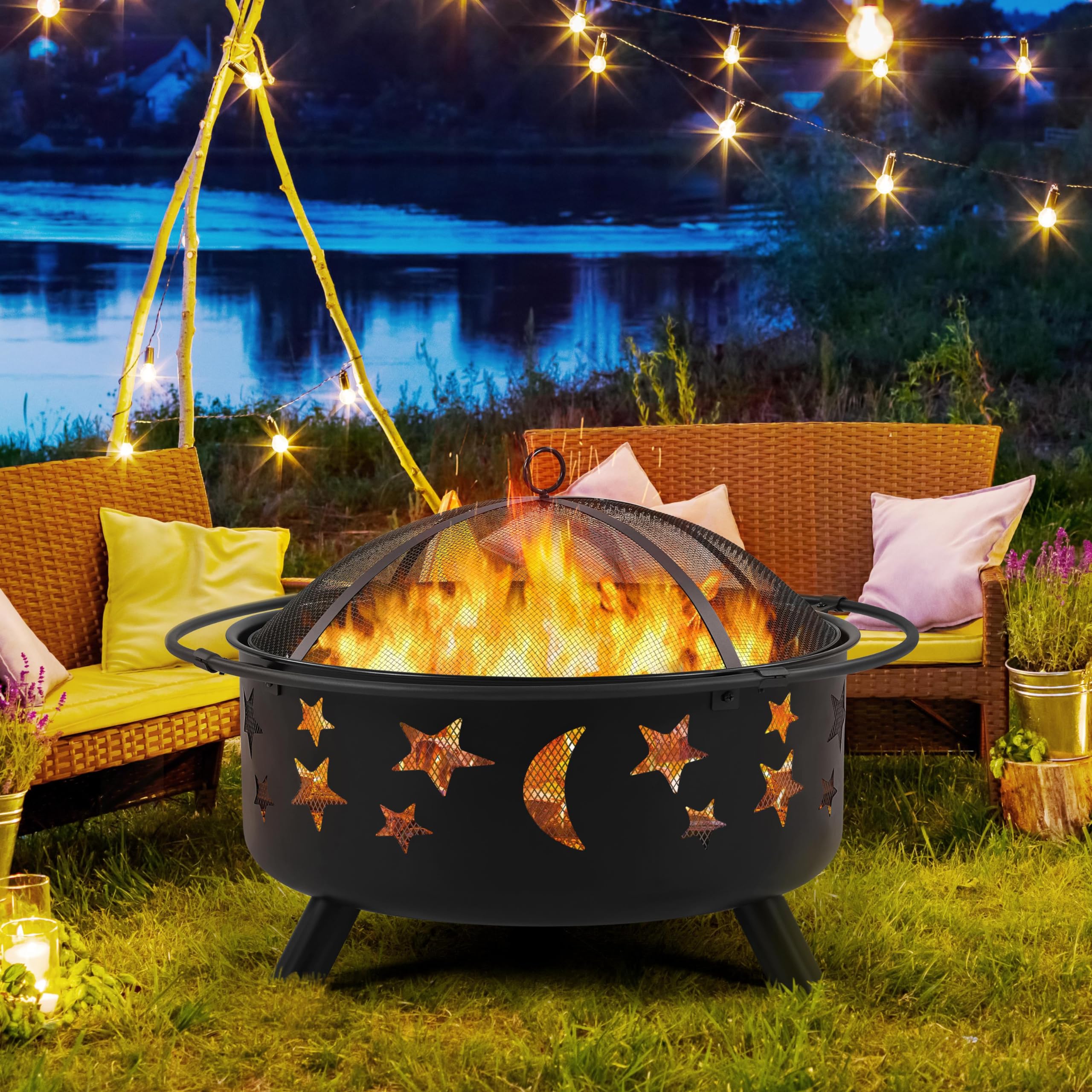 30" Round Wood Burning Fire Pit with Star Moon Design