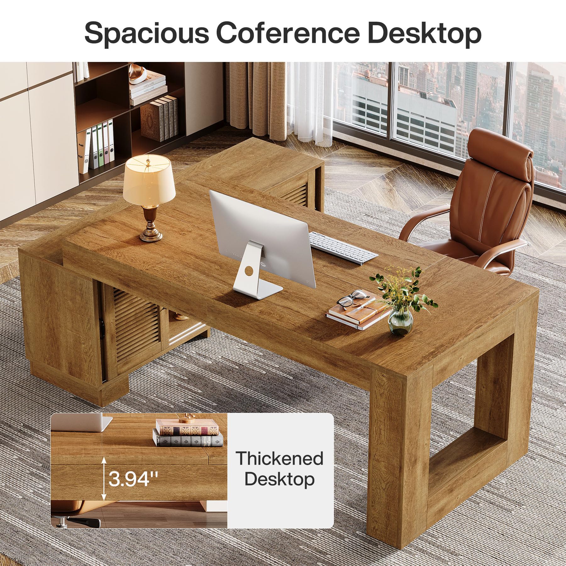 L-Shaped Executive Desk with Storage Cabinets and Shelf