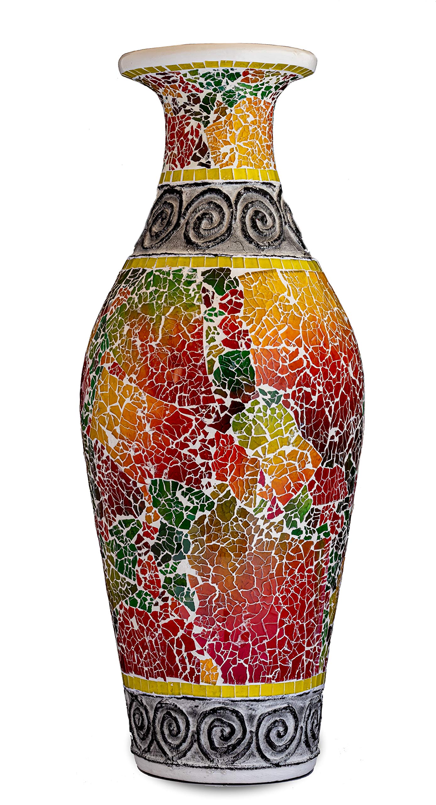 18 Inch Mosaic Floor Vase - Terracotta Cylinder with Red Green Glass