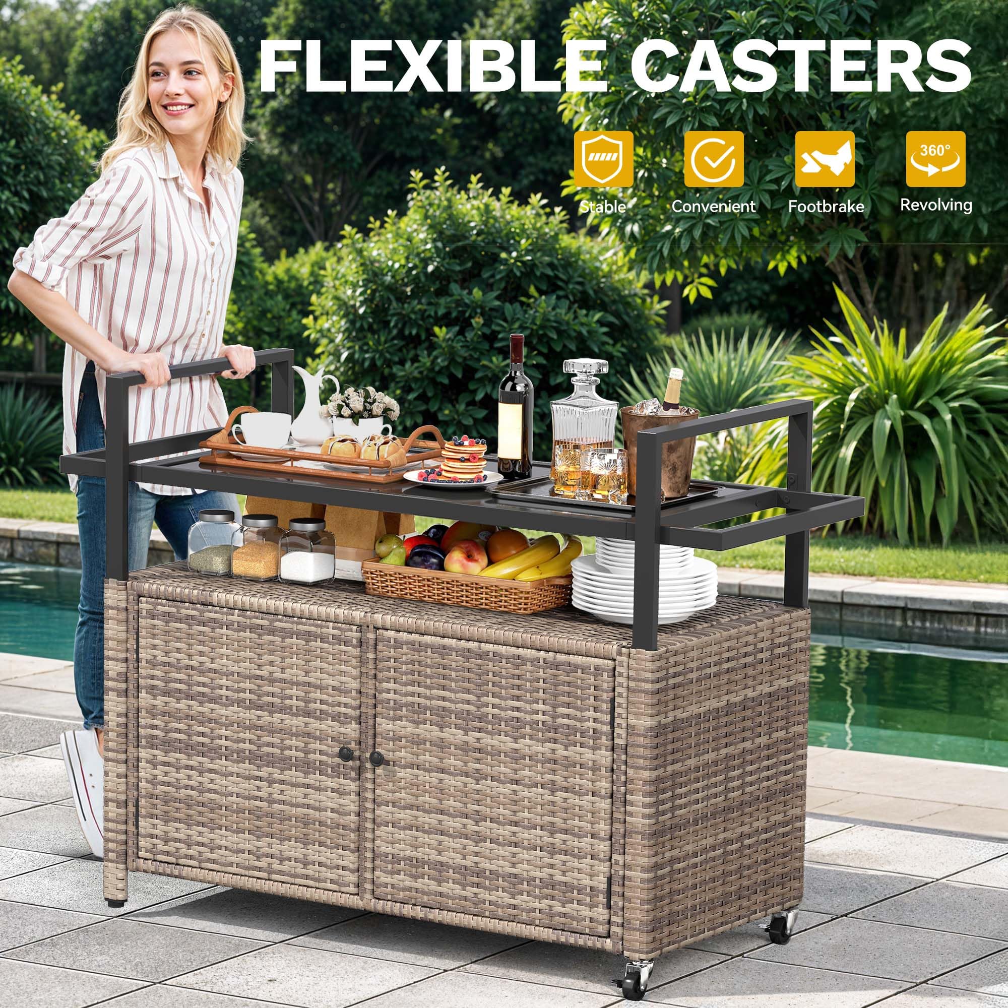 Outdoor Bar Cart with Storage and Glass Top