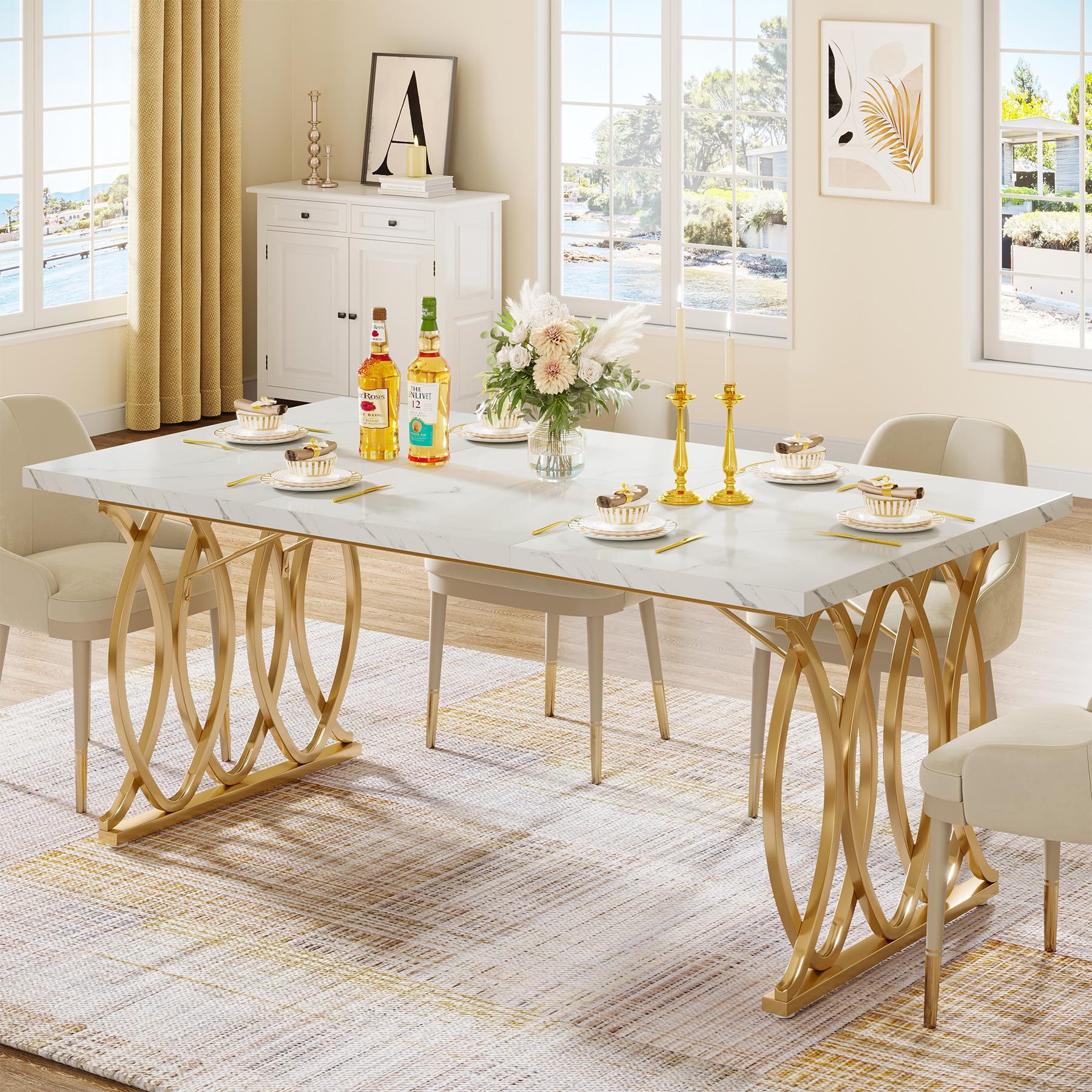 63" Modern Dining Table with Faux Marble Top