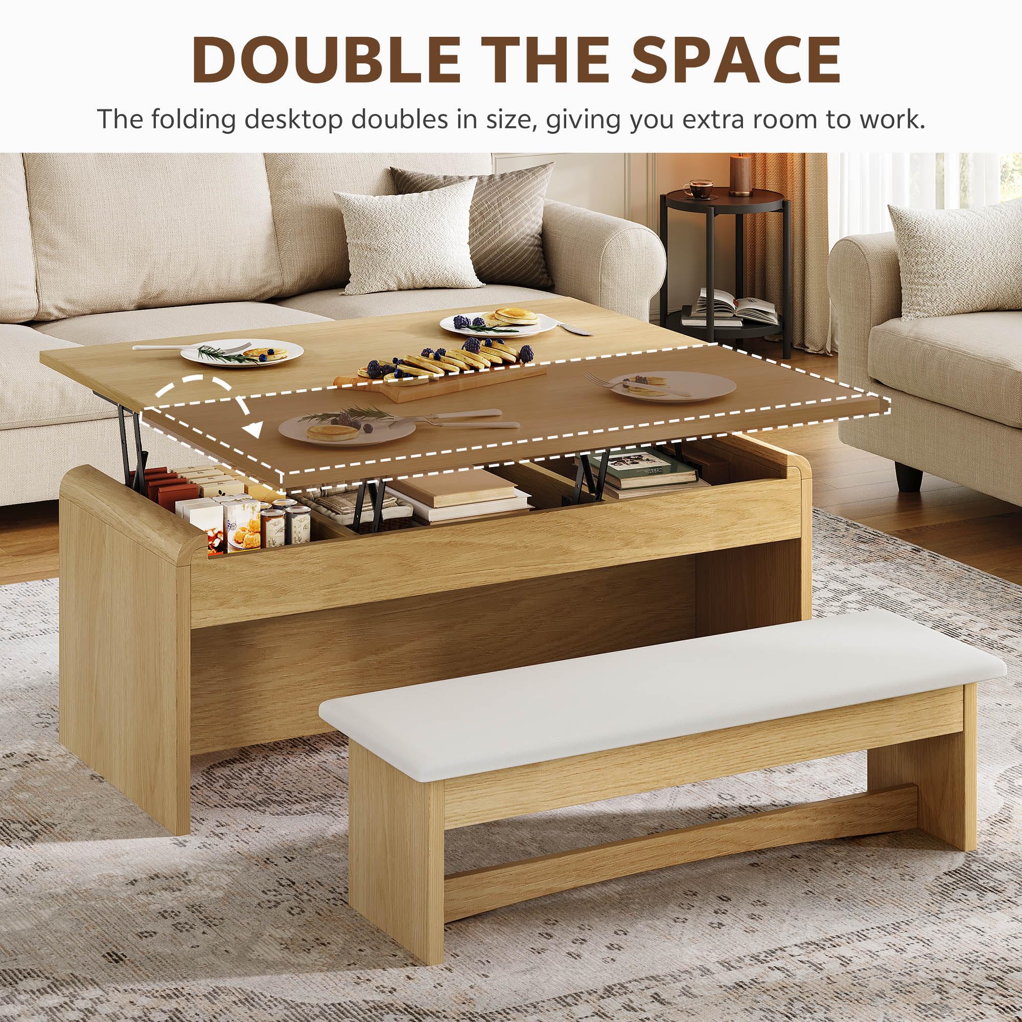 Lift Top Coffee Table with Bench and Hidden Storage