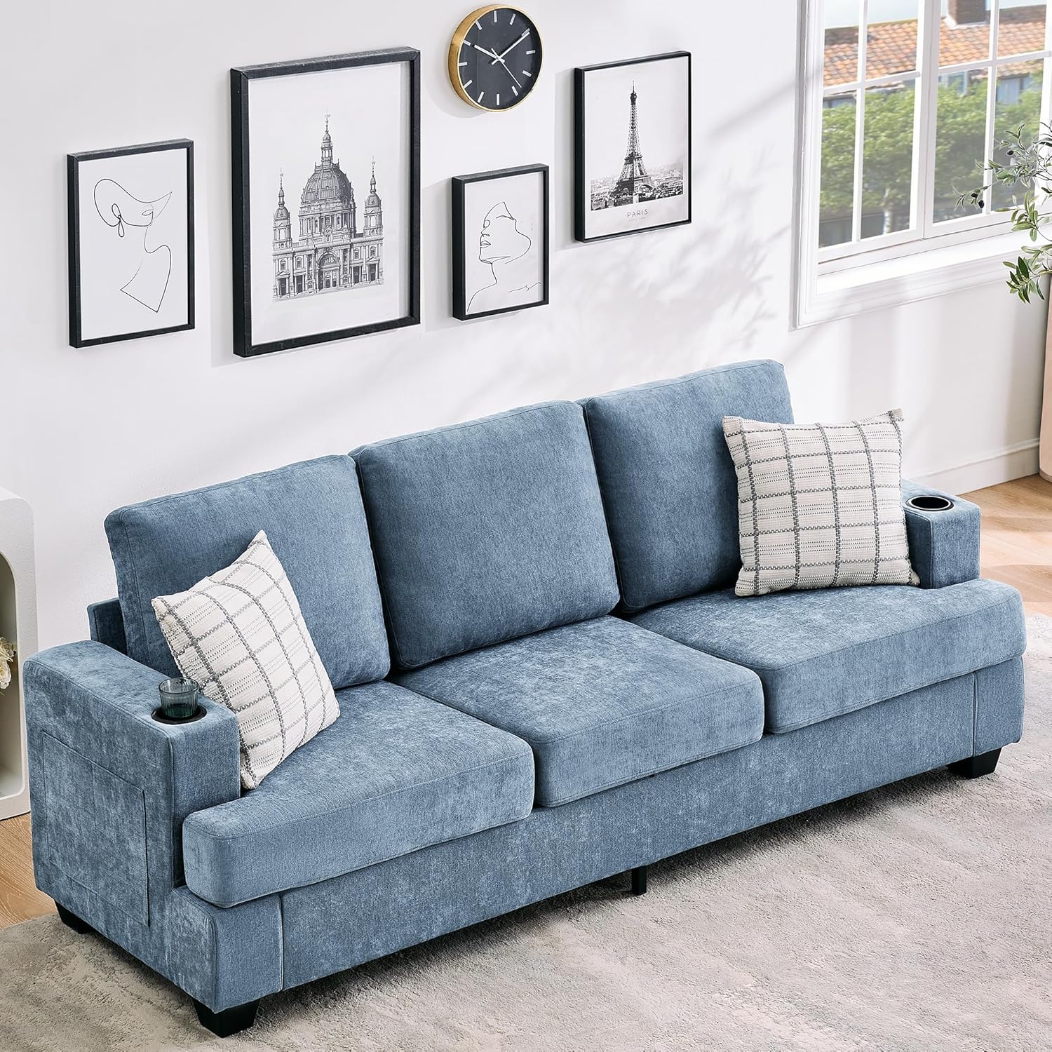 89-Inch 3-Seater Chenille Sofa with Cup Holders