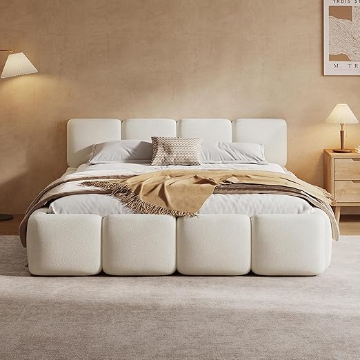 Linen Upholstered King Bed Frame with Headboard - Olive Green