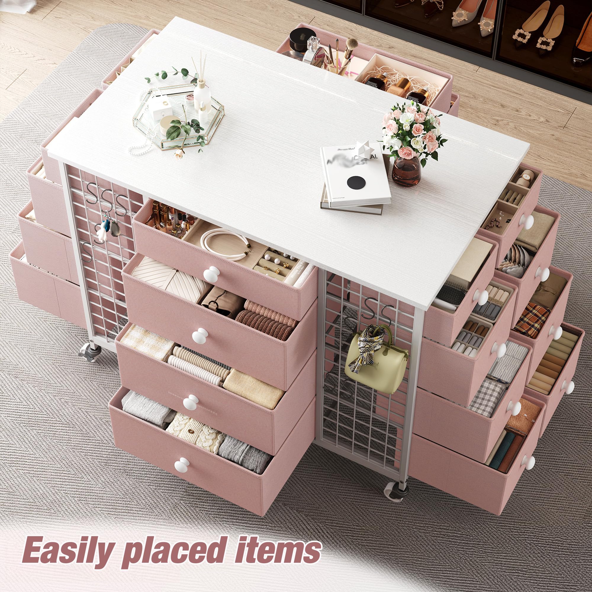 24 Drawer Dresser with Wheels - Pink Metal Frame Storage Organizer