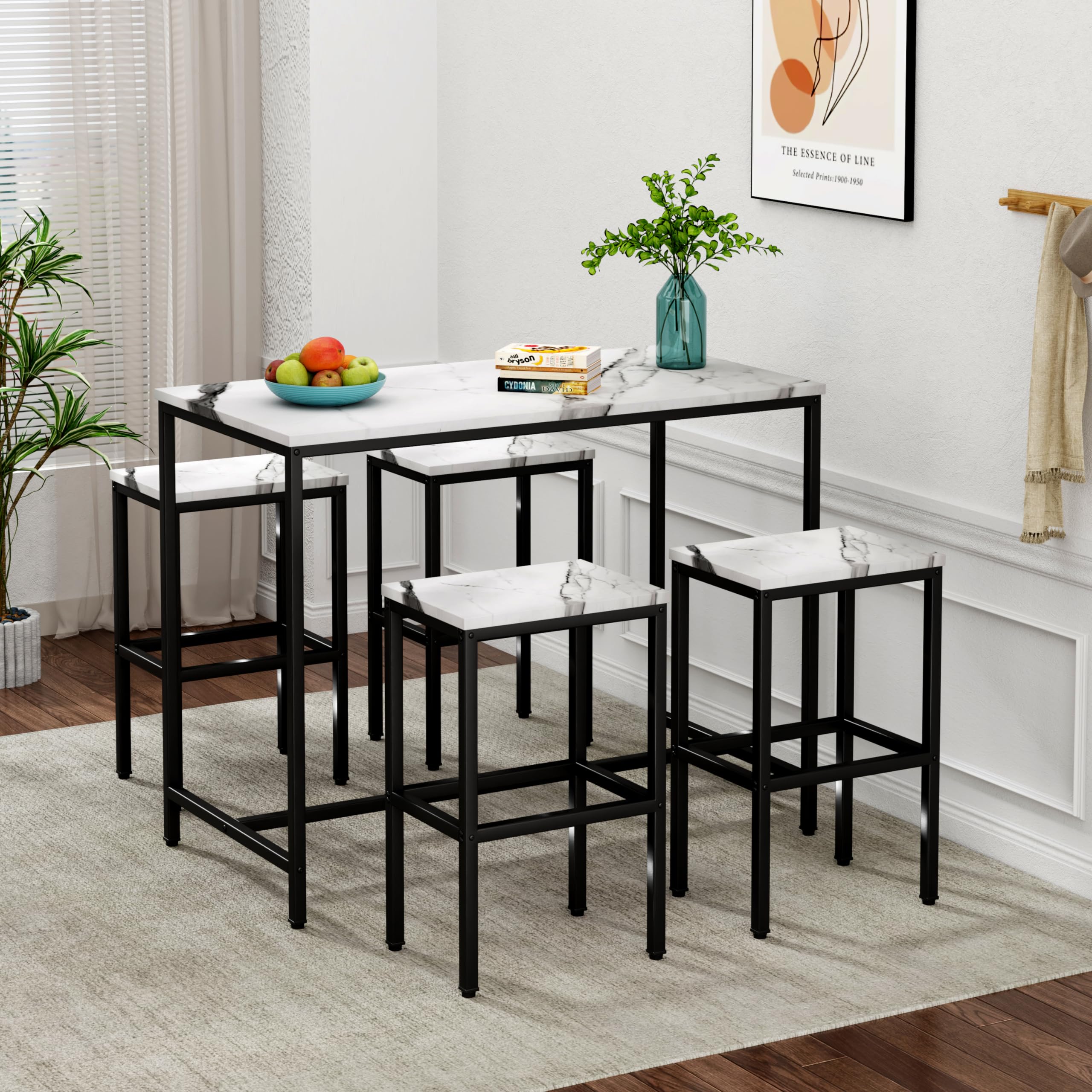 5 Piece Bar Table Set with Faux Marble Top