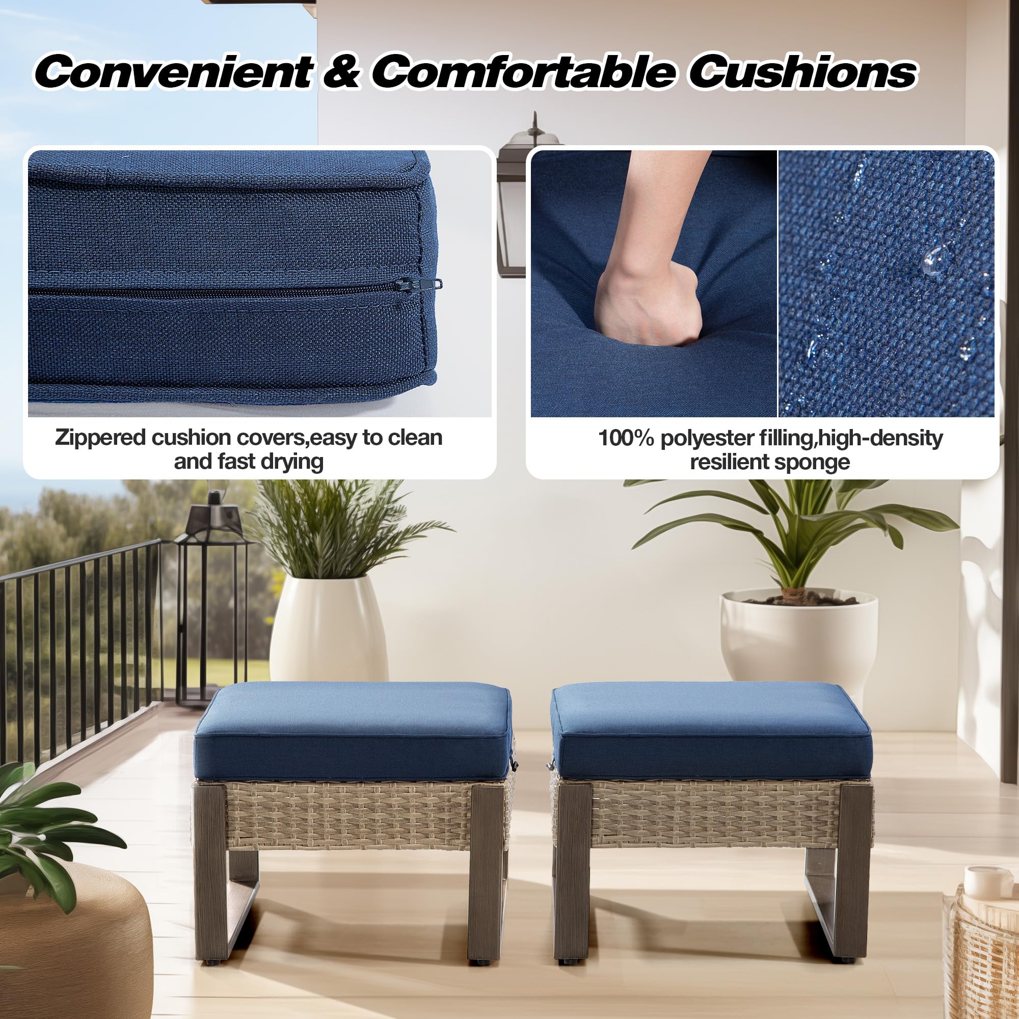 Outdoor Patio PE Rattan Ottomans with Removable Cushions