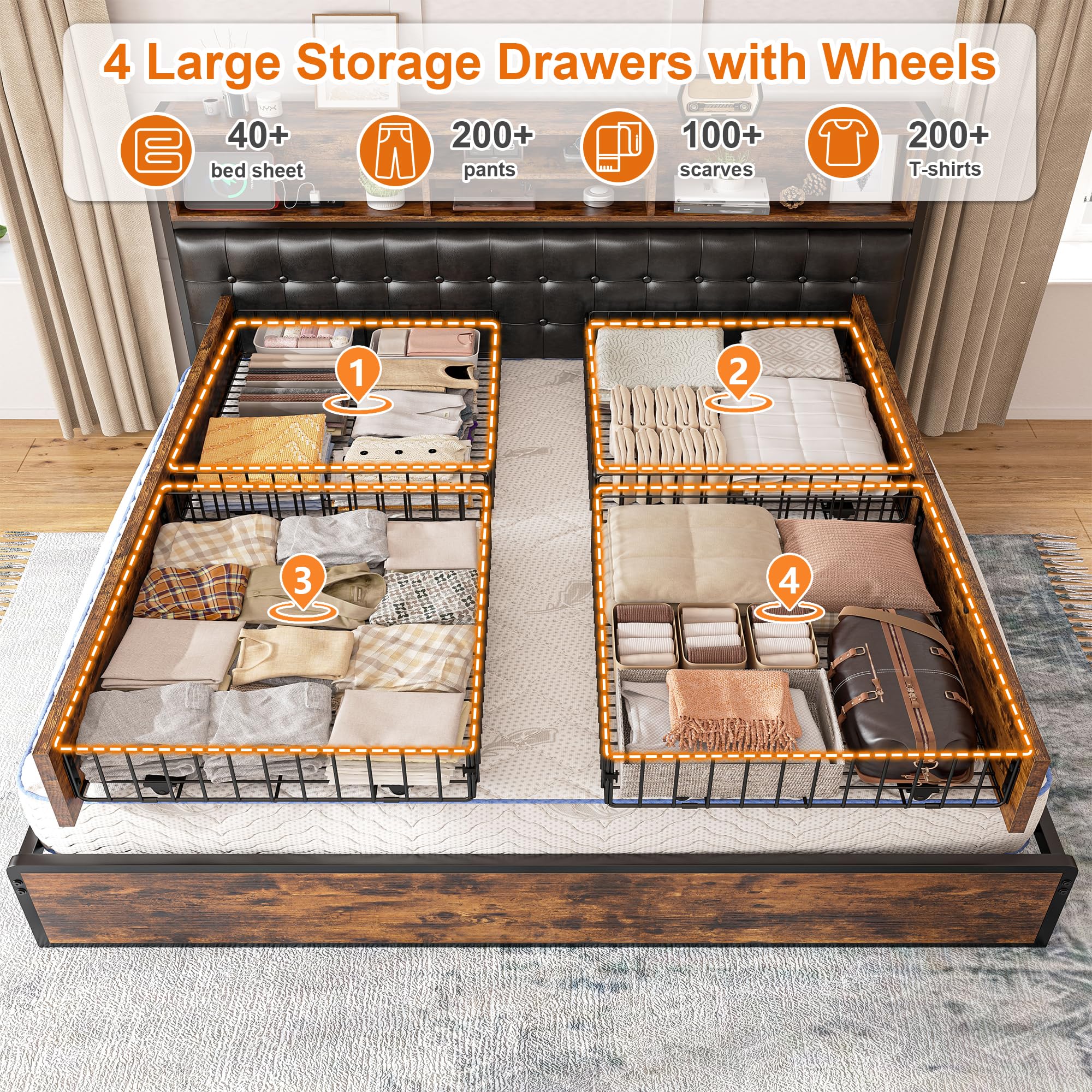 King Size Bed Frame with Storage Drawers and Charging Station