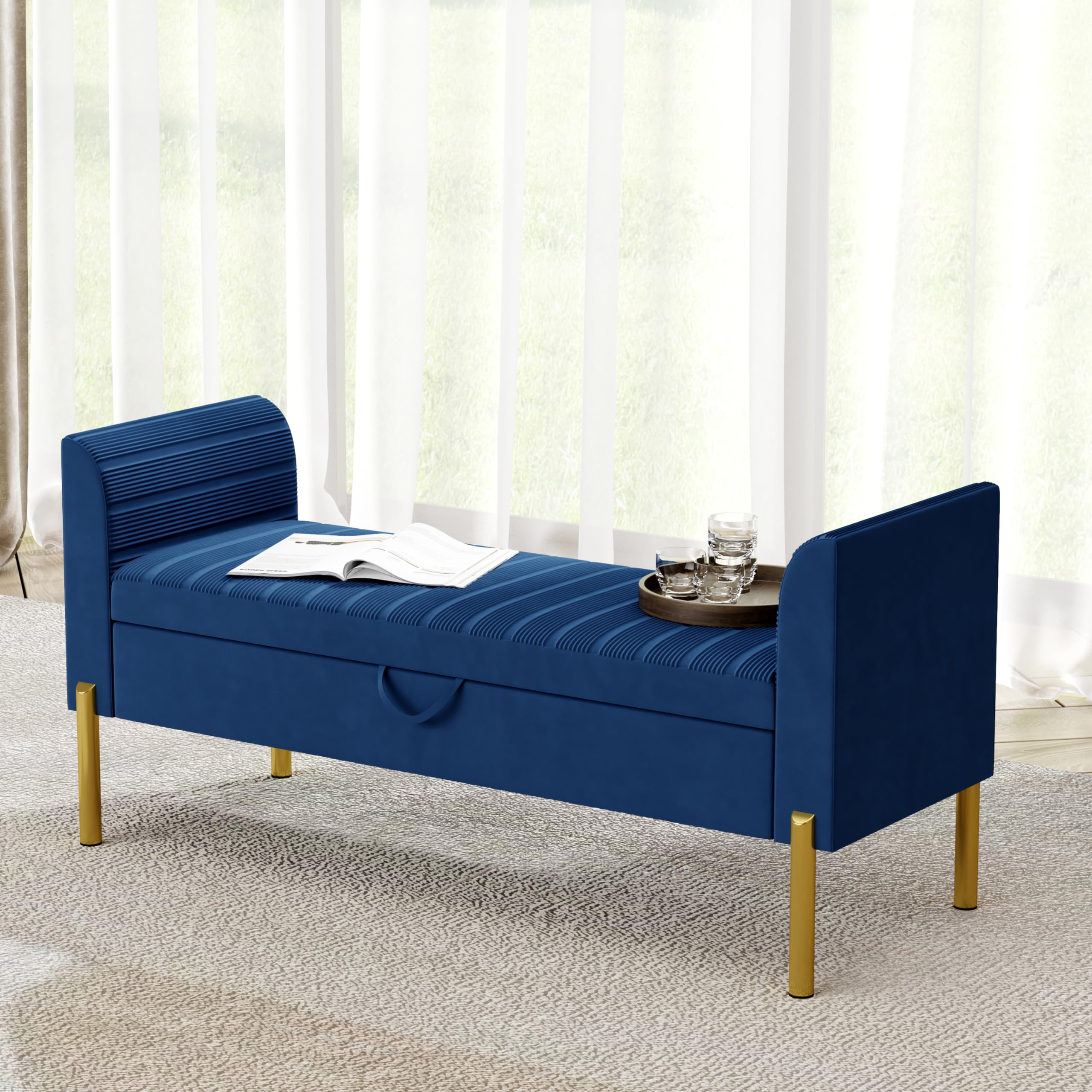 Blue Velvet Storage Bench with Metal Frame