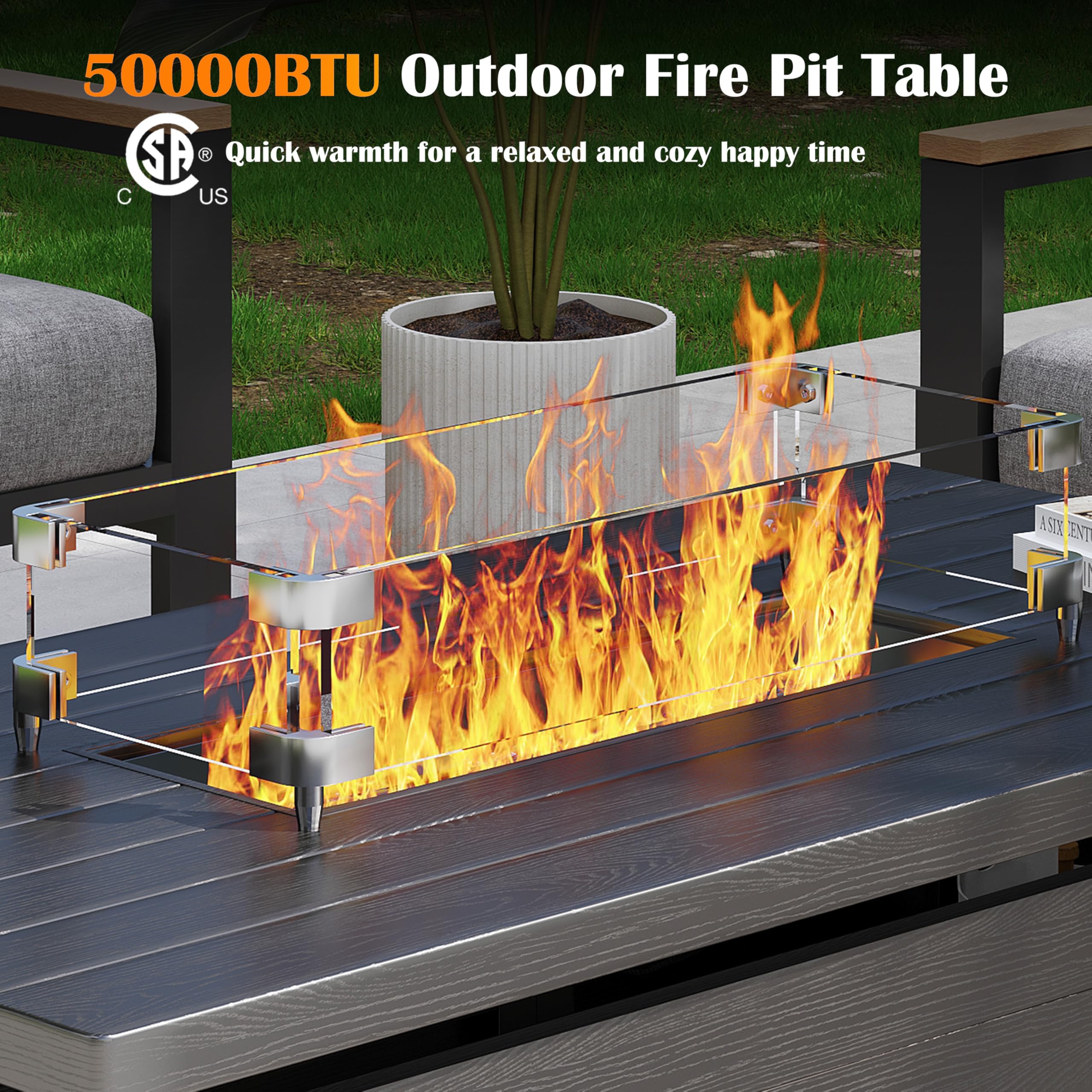 51 Inch Rectangle Propane Fire Pit Table with Glass Wind Guard