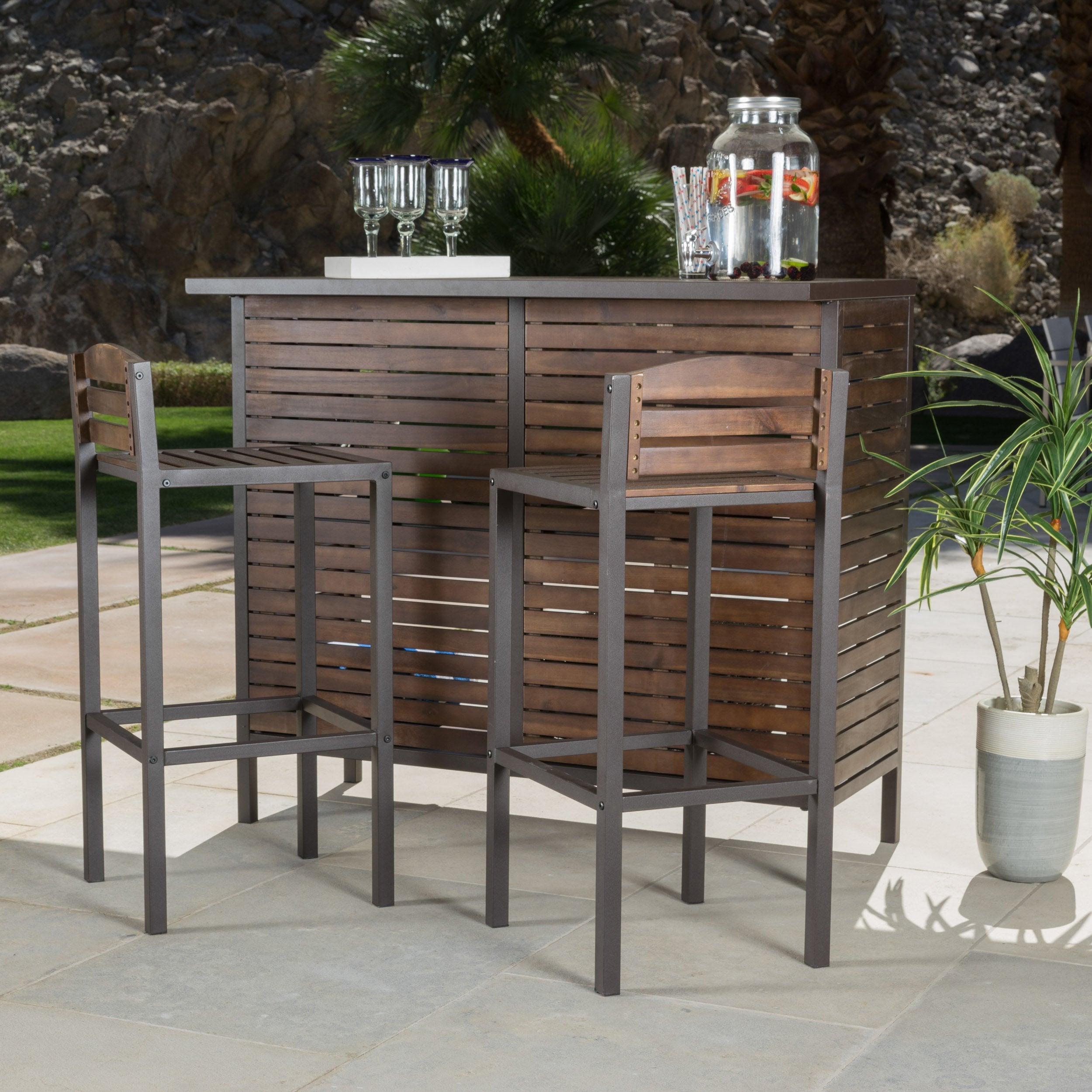 Acacia Wood 3 Piece Bar Set with Storage