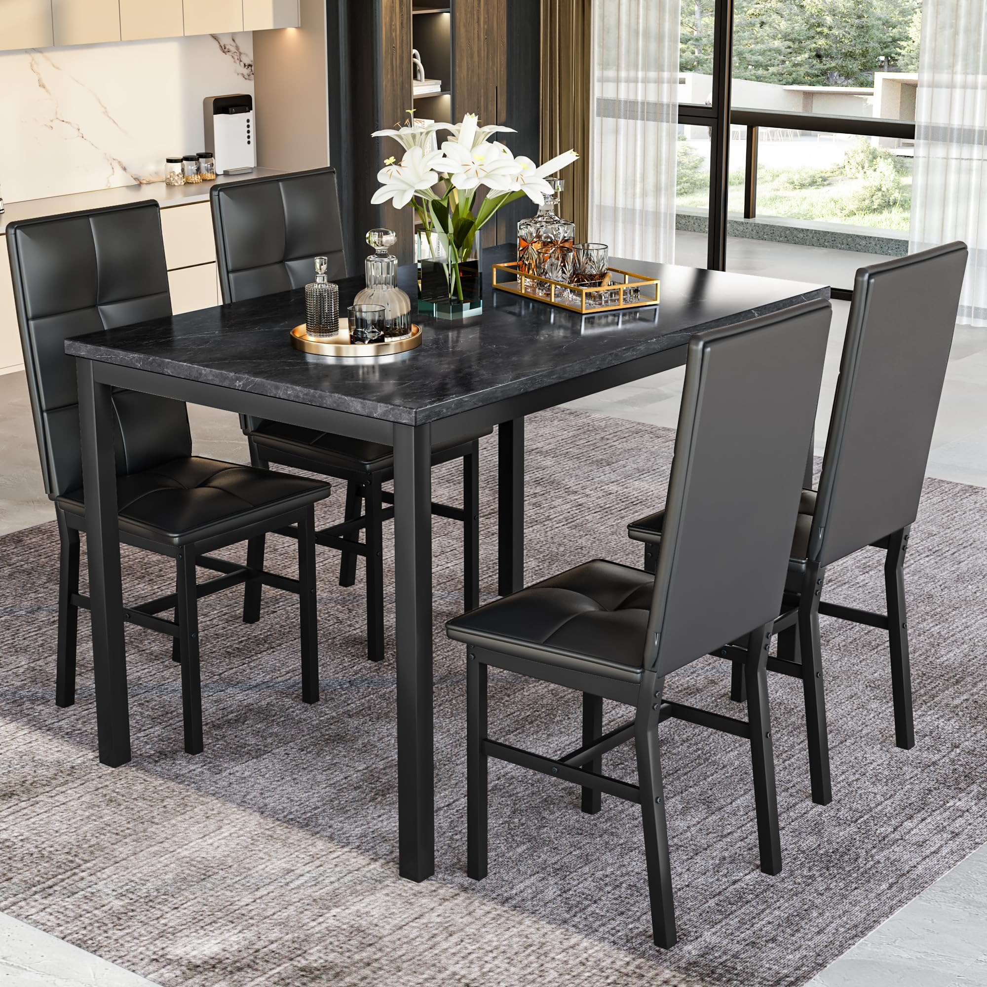 5-Piece Faux Marble Dining Table Set with 4 Chairs