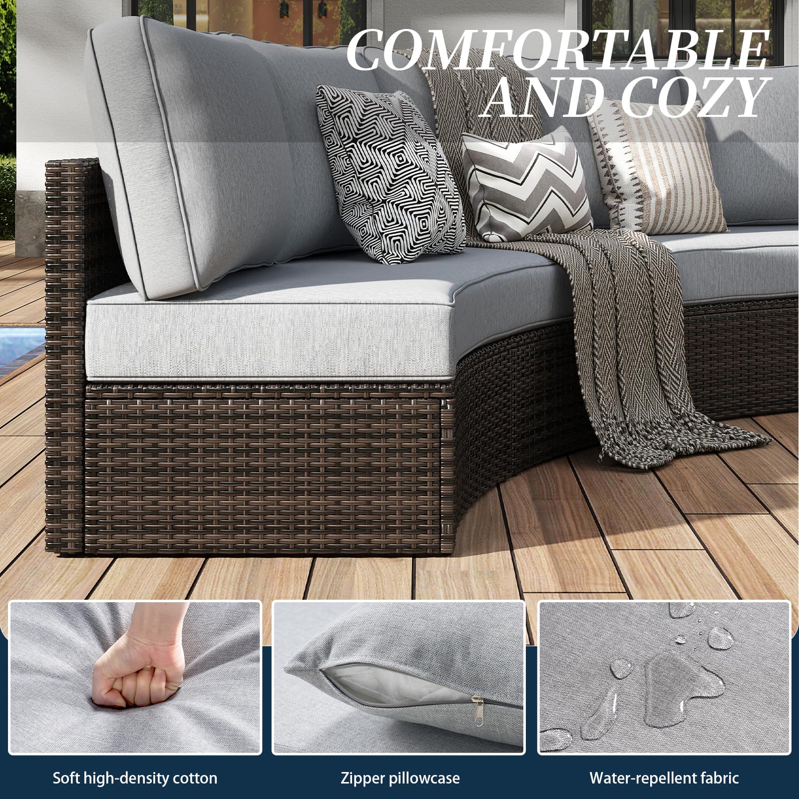 11 Piece Half Moon Outdoor Patio Furniture Set with Cushions and Ottoman