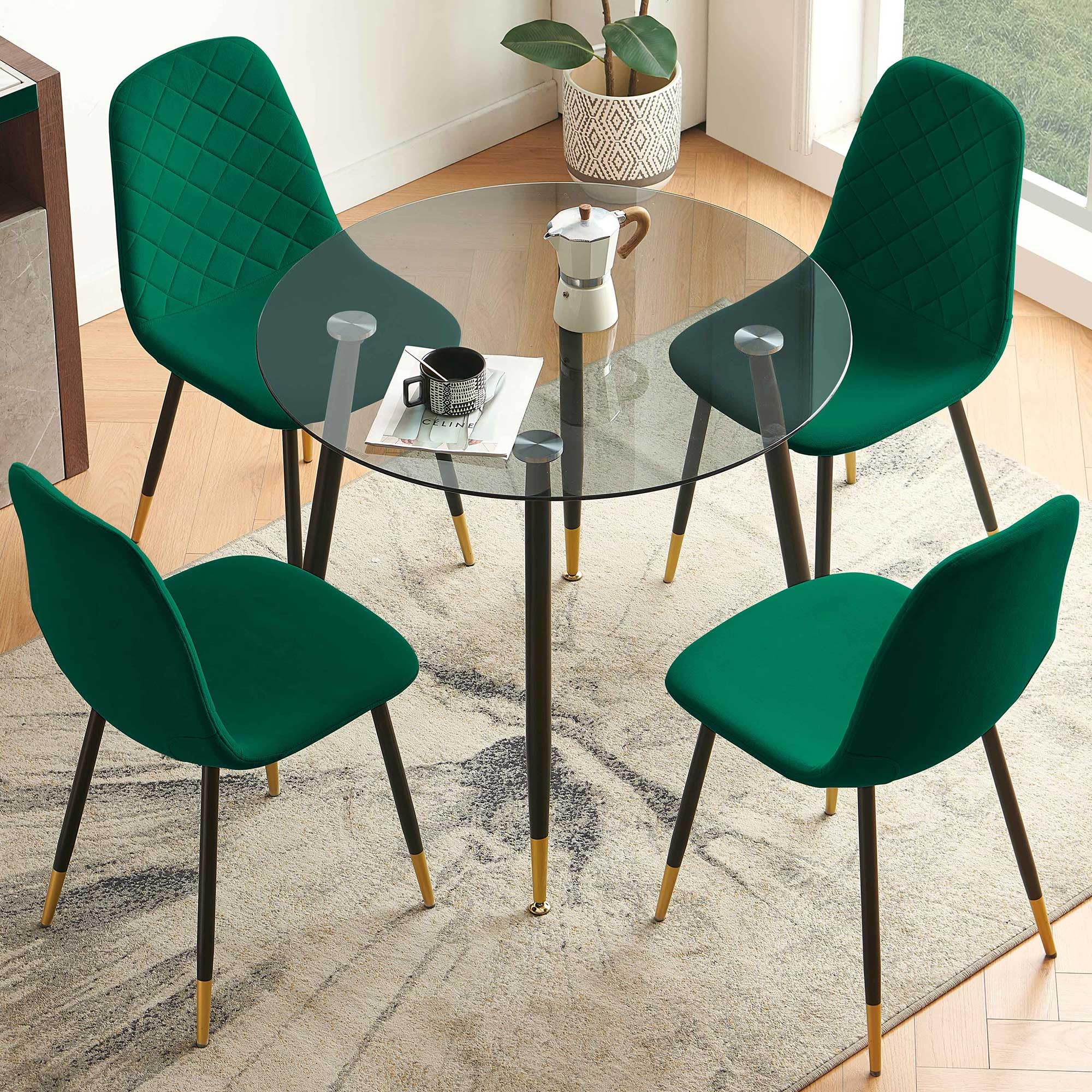 Tempered Glass Round Dining Table Set with 4 Green Velvet Chairs
