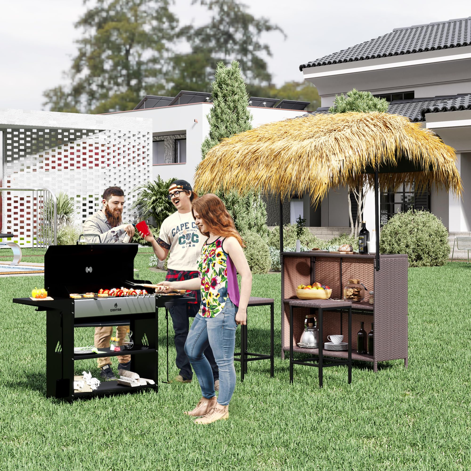 Phuket Patio Tiki Bar Set with Tempered Glass Top