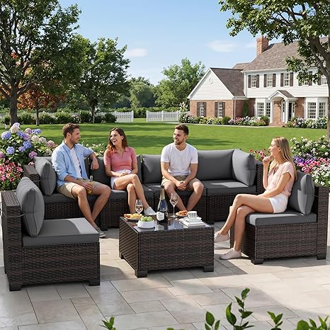 7-Piece Rattan Patio Furniture Set with Coffee Table