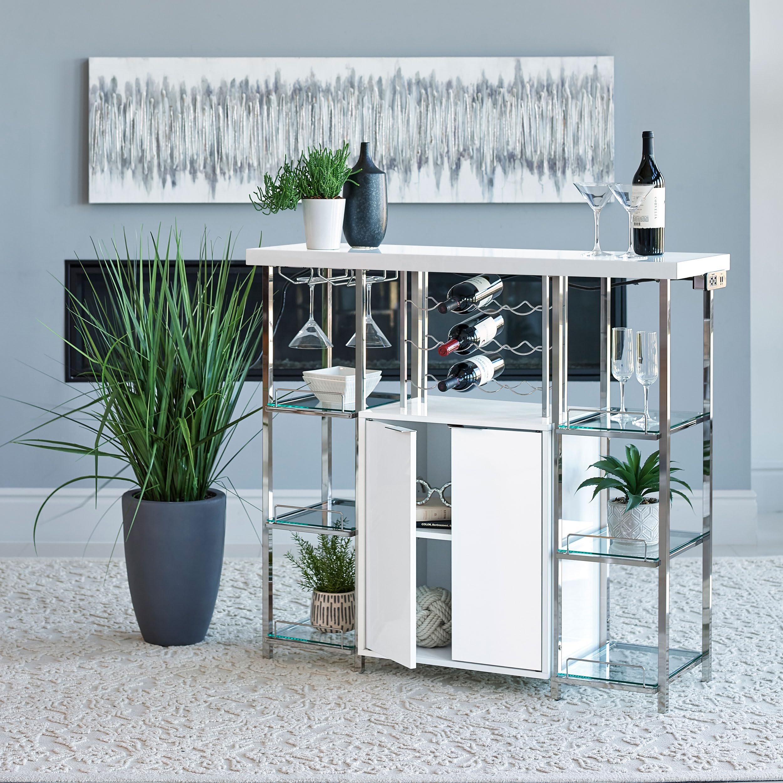 2-Door Bar Cabinet with Wine Storage and Stemware Rack