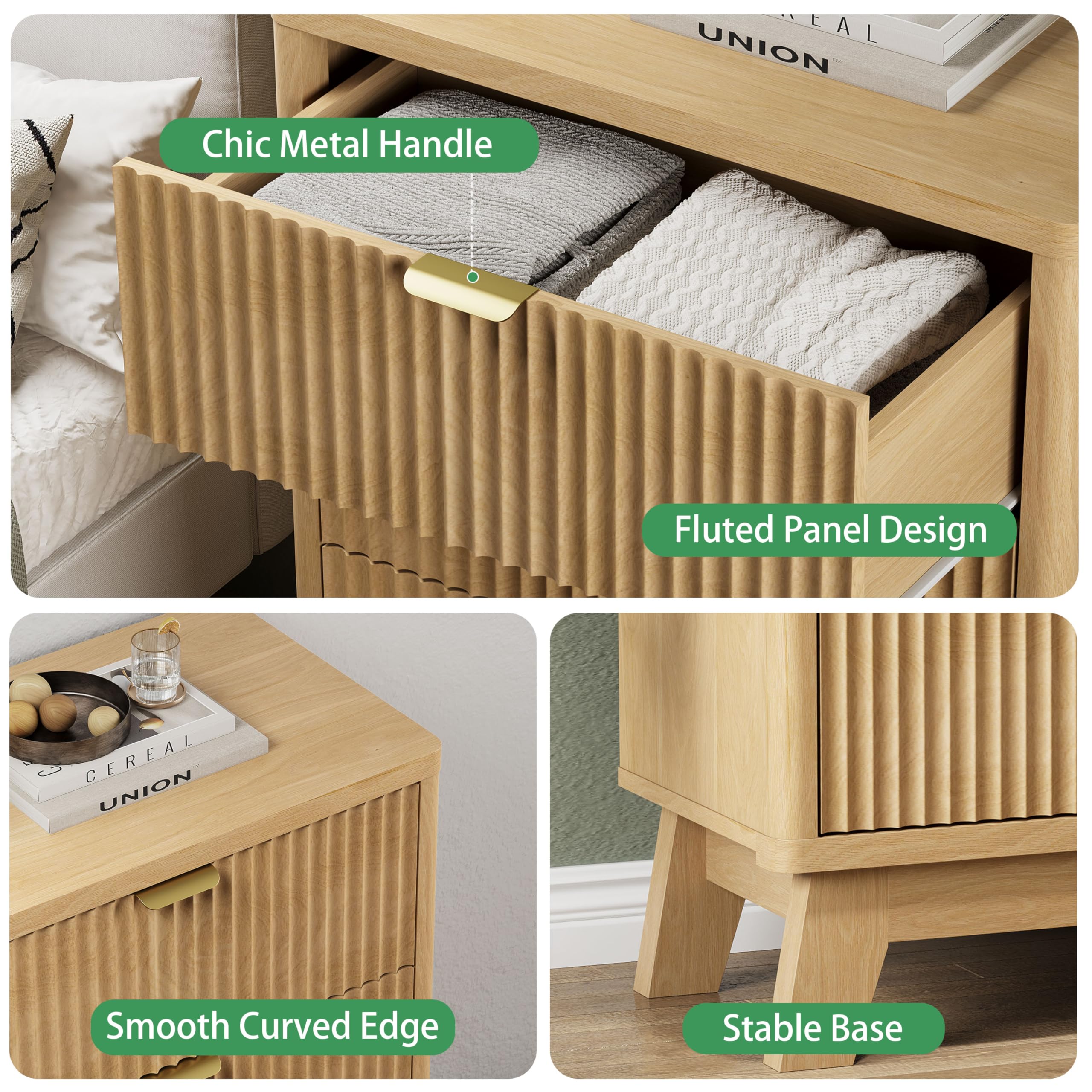 3-Drawer Fluted Nightstand with Metal Handle