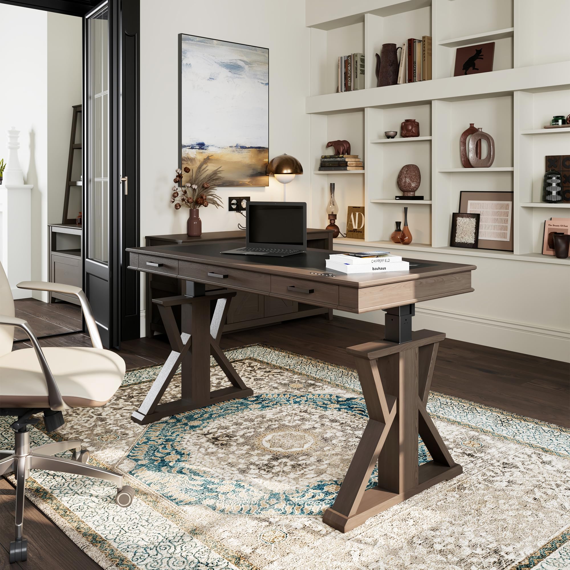 Leather Standing Desk 60 Inch with Drawers