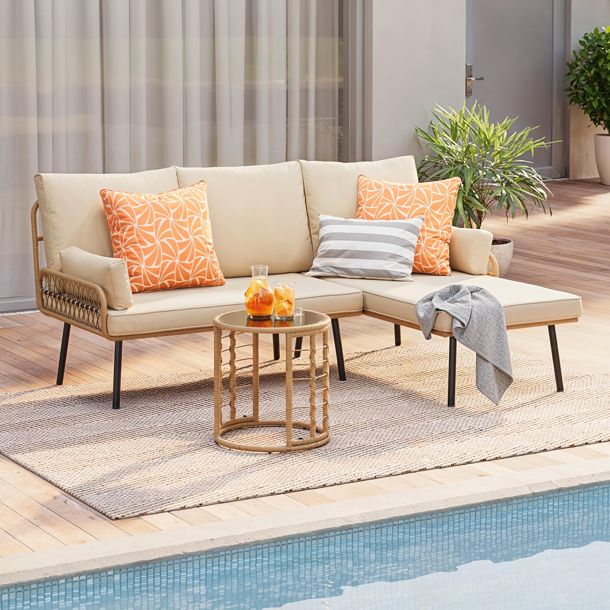 3-Piece Outdoor Patio Furniture Set with L-Shaped Sofa and Glass Table
