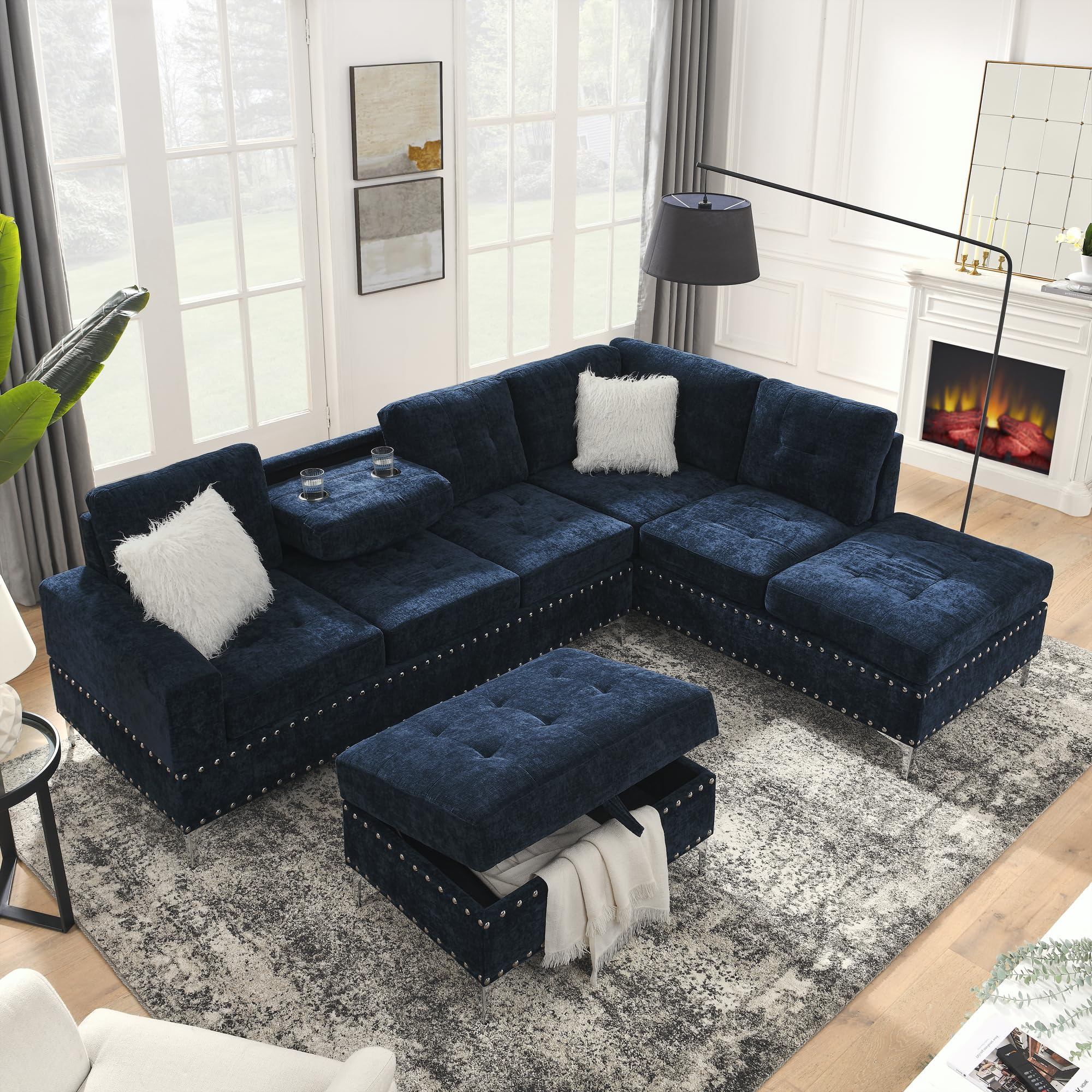 L-Shape Sectional Sofa with Reversible Chaise and Storage Ottoman
