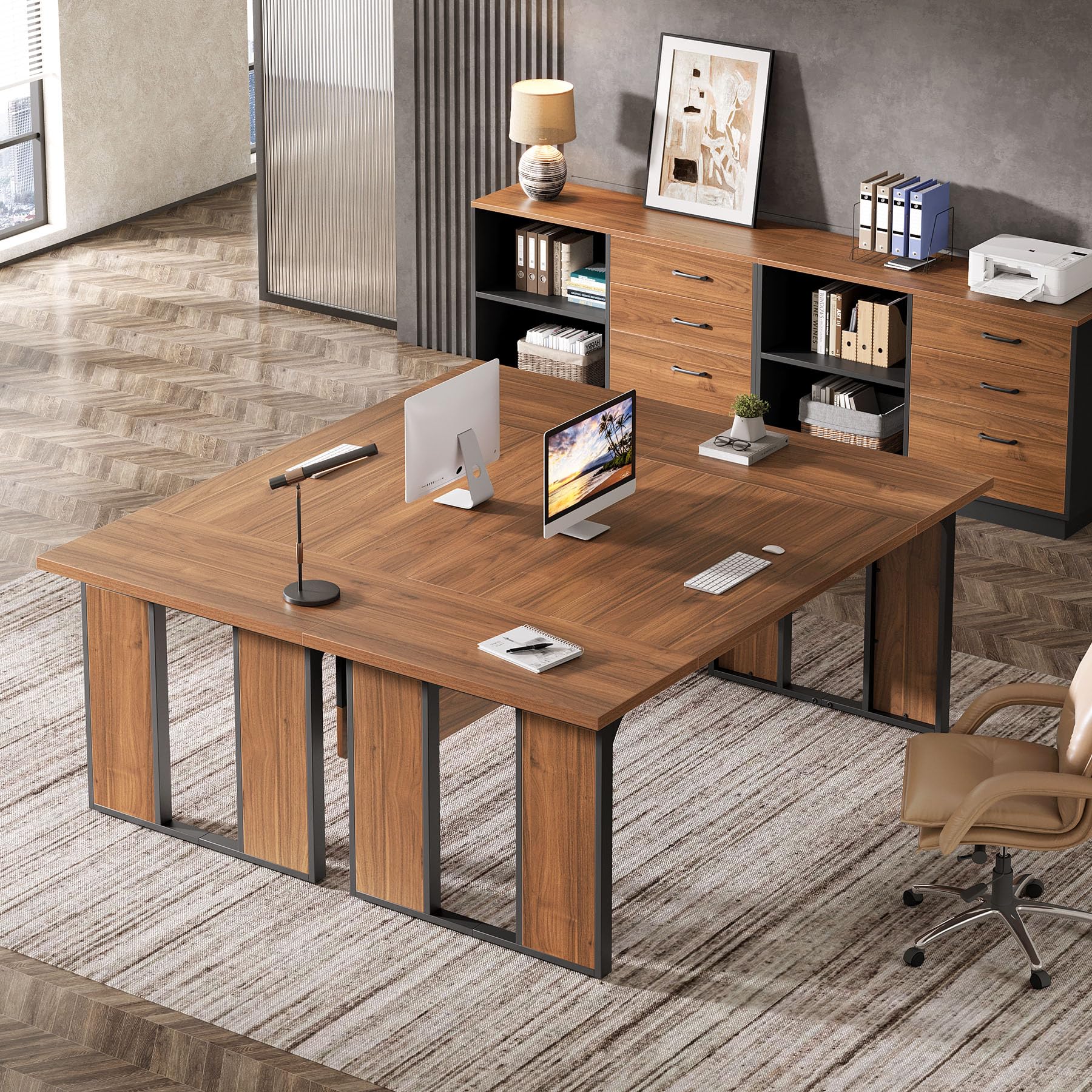 63'' L-Shaped Executive Desk with Drawers Cabinet and Storage Shelves