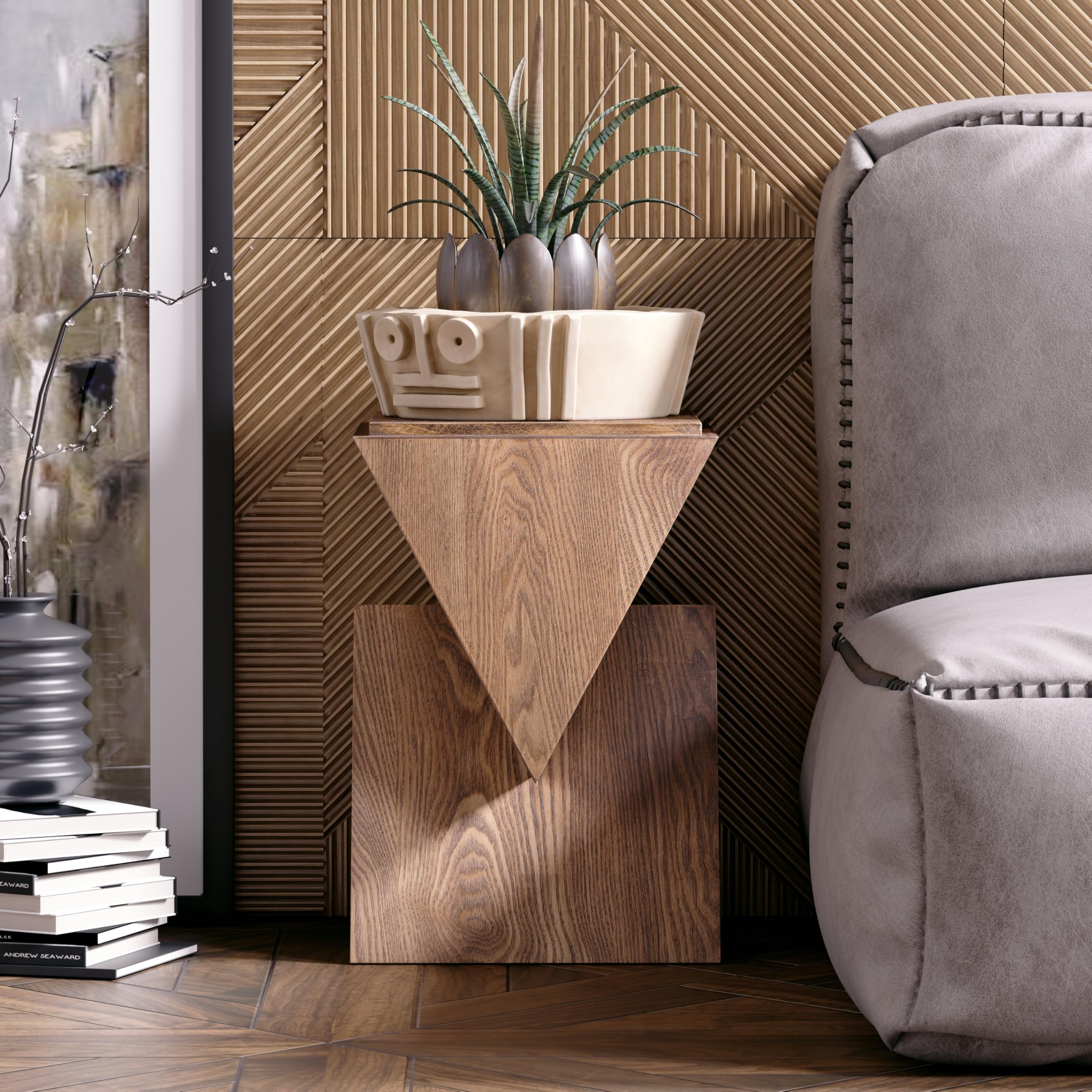 COZAYH Modern Geometric Wood Grain End Table with Structural Design, Farmhouse Side Table with Sculptural Pedestal Base for Living Room, Bedroom, Office, Fully Assembled (Natural)