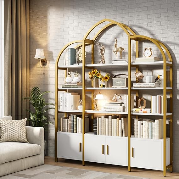Tall Arched Bookshelf with 3 Cabinets - Triple Wide 5 Tier Industrial Etagere