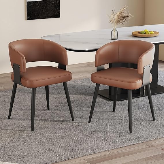 Faux Leather Dining Chairs Set of 2 with Curved Back and Metal Legs