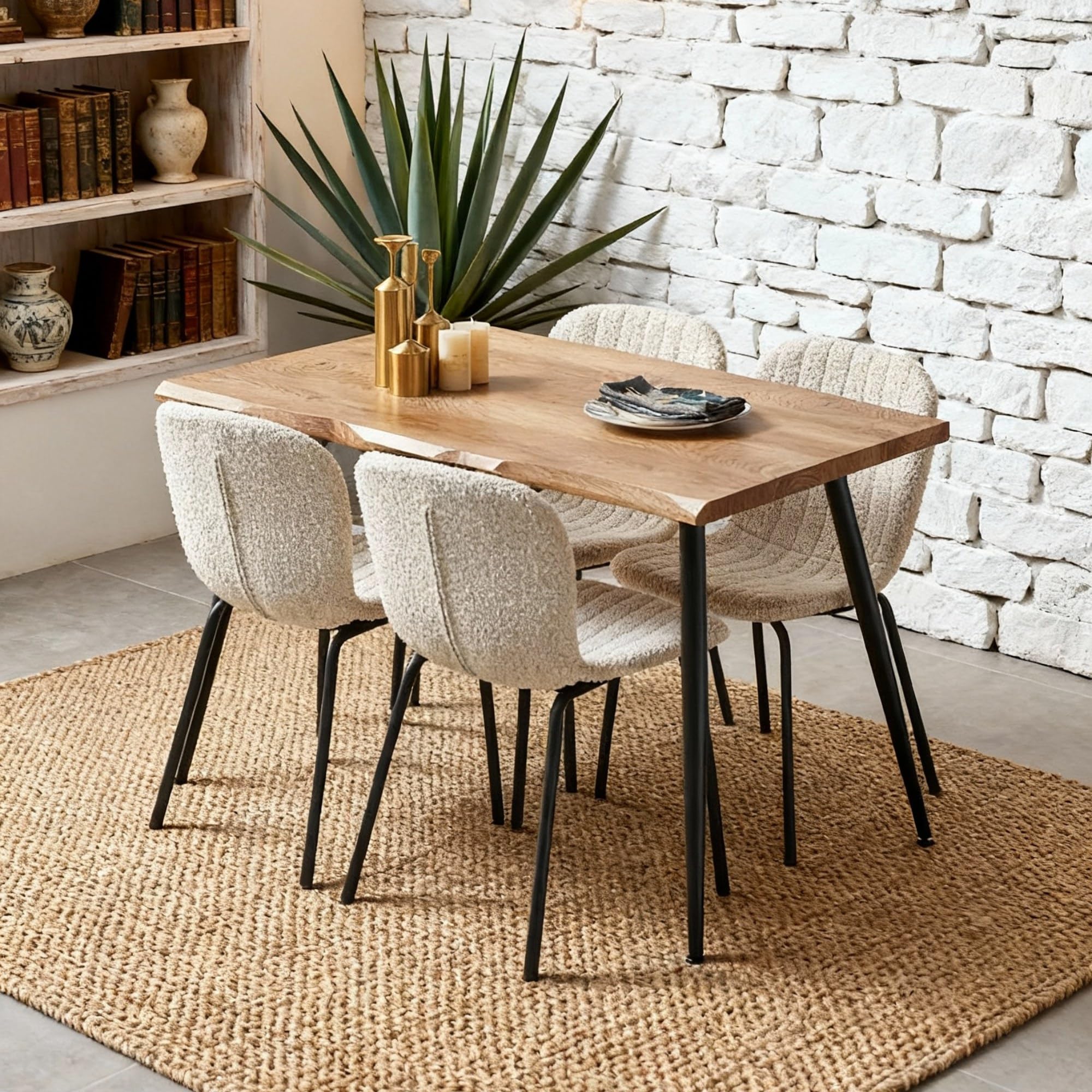 Dining Table Set for 4 with White Boucle Chairs