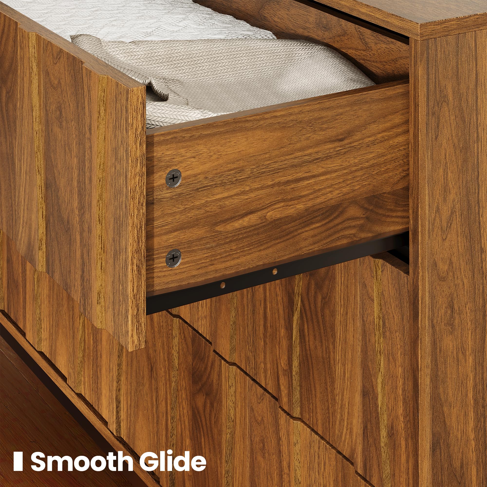 6-Drawer Dresser 54" Walnut Finish Wave Front with Push-to-Open
