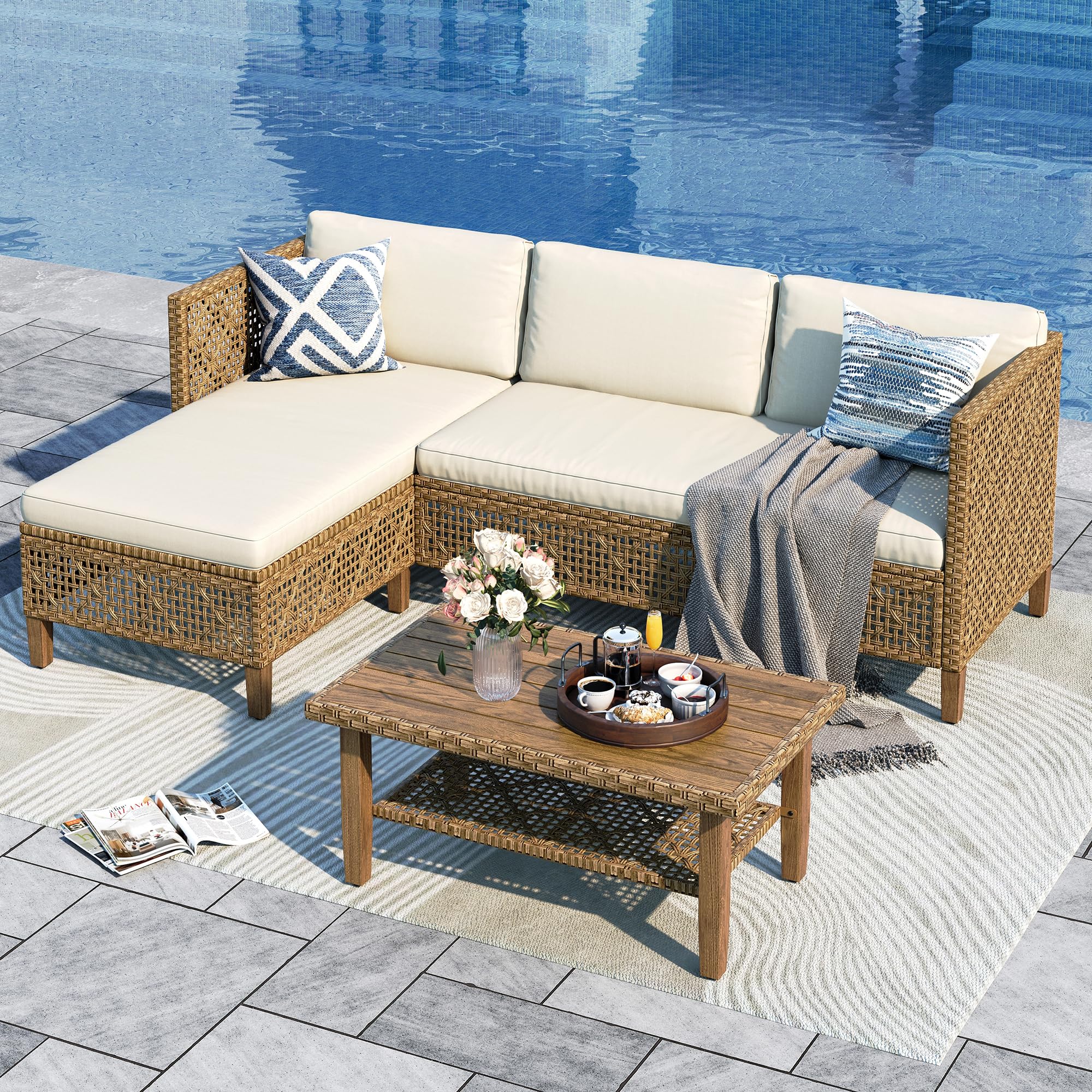 Boho Wicker Patio Sectional Set with Storage Coffee Table