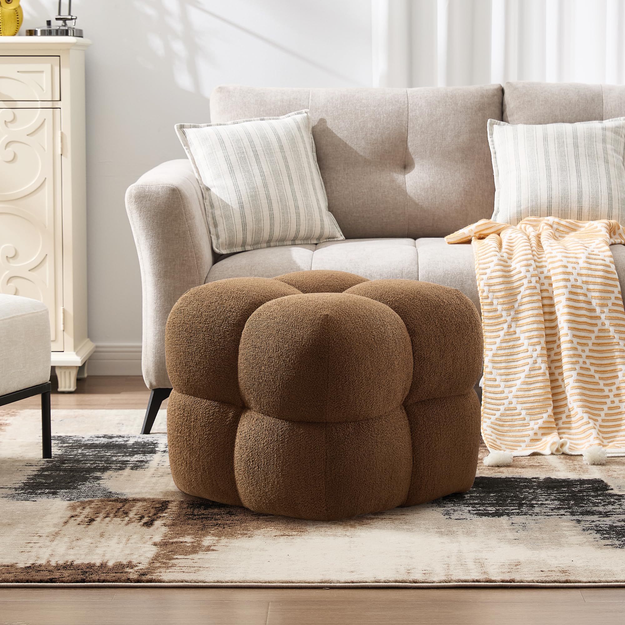 Square Teddy Fleece Ottoman Rust Brown