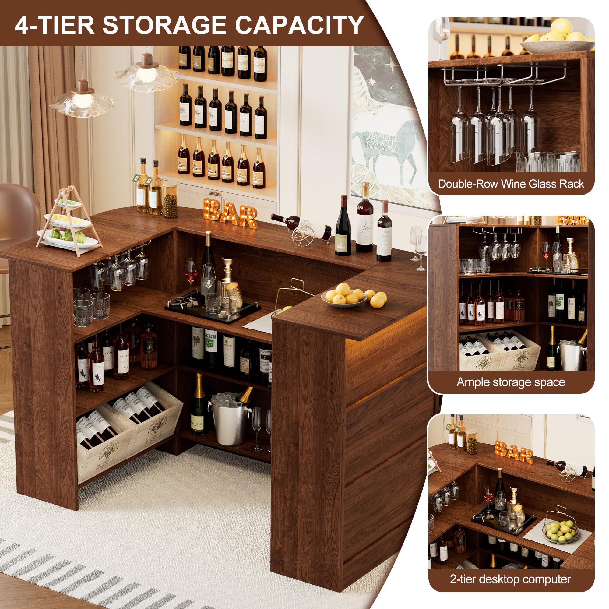 Home Bar Cabinet with LED Light & Stemware Holders
