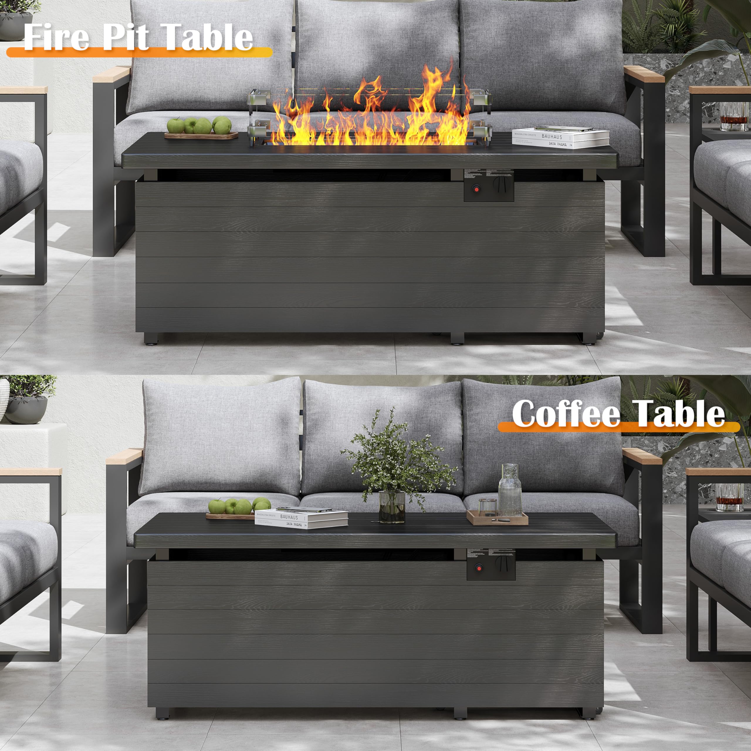 51 Inch Rectangle Propane Fire Pit Table with Glass Wind Guard