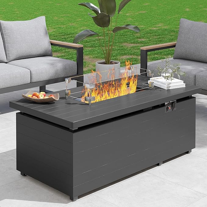 51 Inch Rectangle Propane Fire Pit Table with Glass Wind Guard