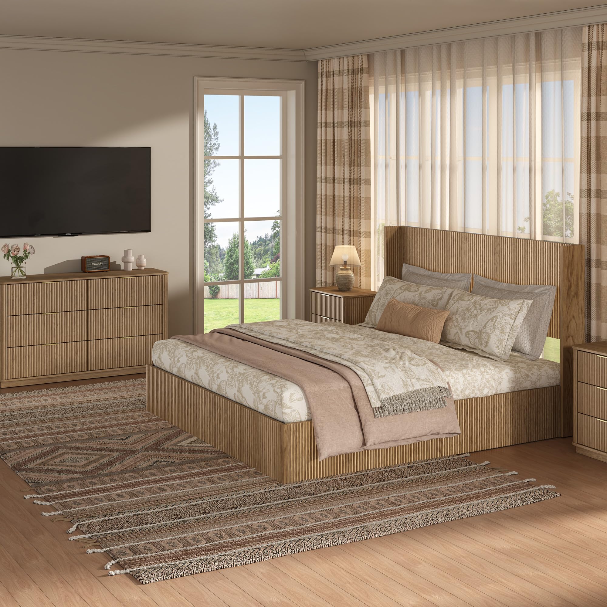 Queen Platform Bed Frame with Fluted Headboard and Lift-Up Storage
