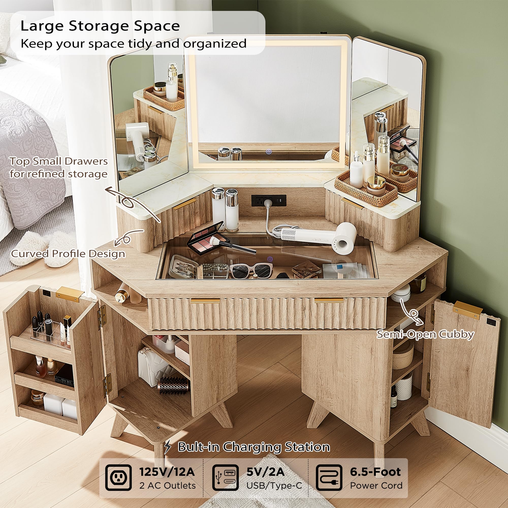 48" Corner Makeup Vanity Desk with 3-Way Mirror and Lights