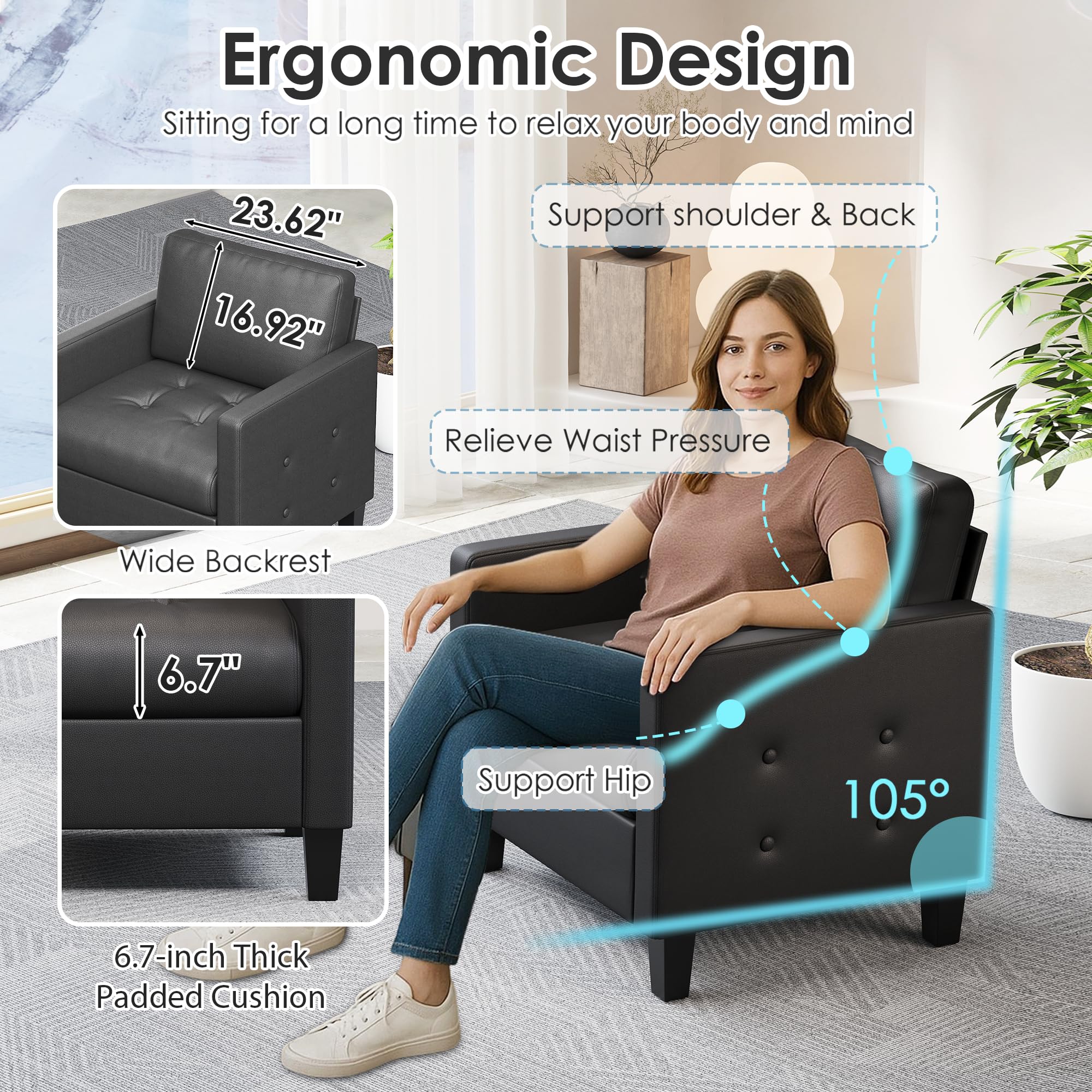 STHOUYN Accent Chair, Black Faux Leather Chair, Mid-Century Modern Living Room Chairs, Cozy Office Reading Chair with Tufted Seat and Armrest, Reception Armchairs for Bedroom, Waiting Room (1)