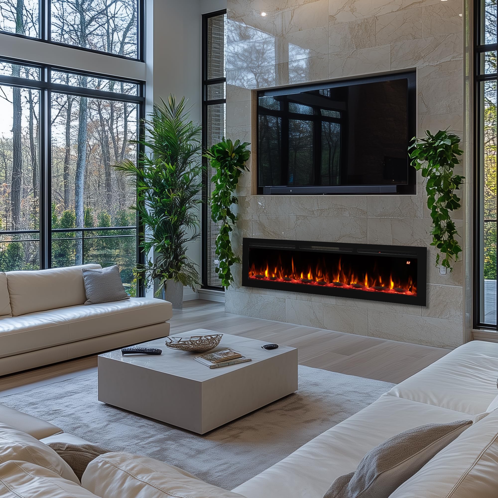 70 Inch Electric Fireplace Wall Mount Recessed Freestanding