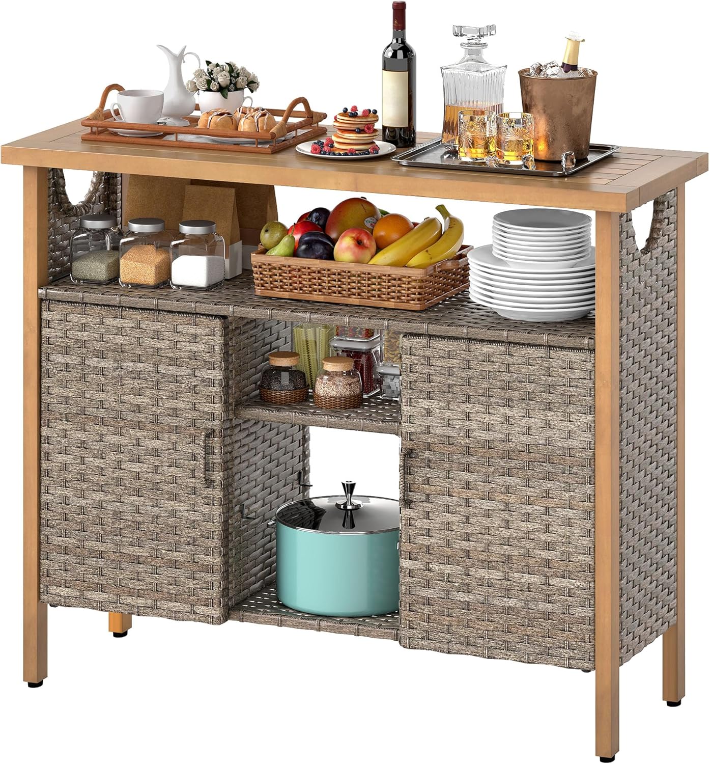 Outdoor Bar Cart with Storage and Glass Top