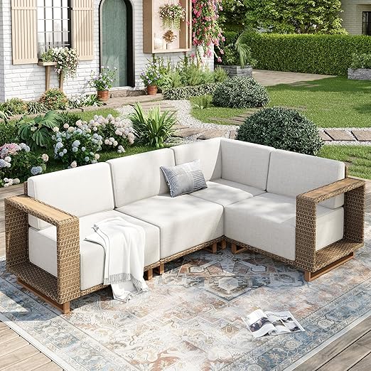 6-Piece Sectional Rattan Wicker Sofa with 10-Inch Cushions