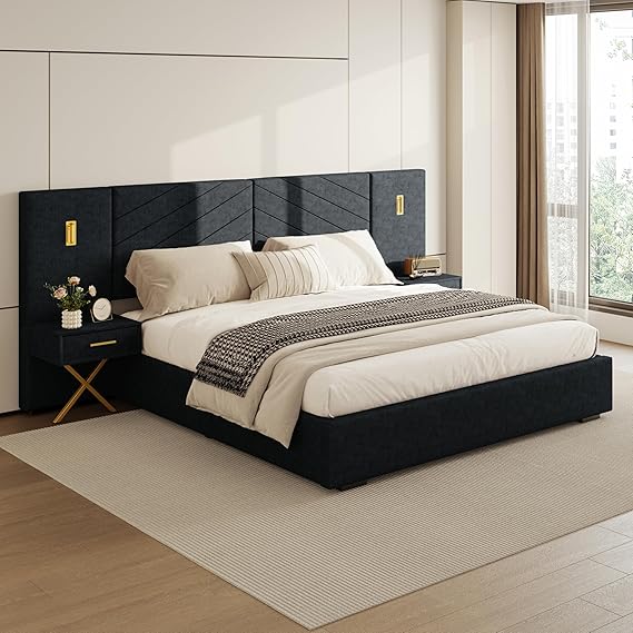 Queen Platform Bed with LED Lights and Nightstands