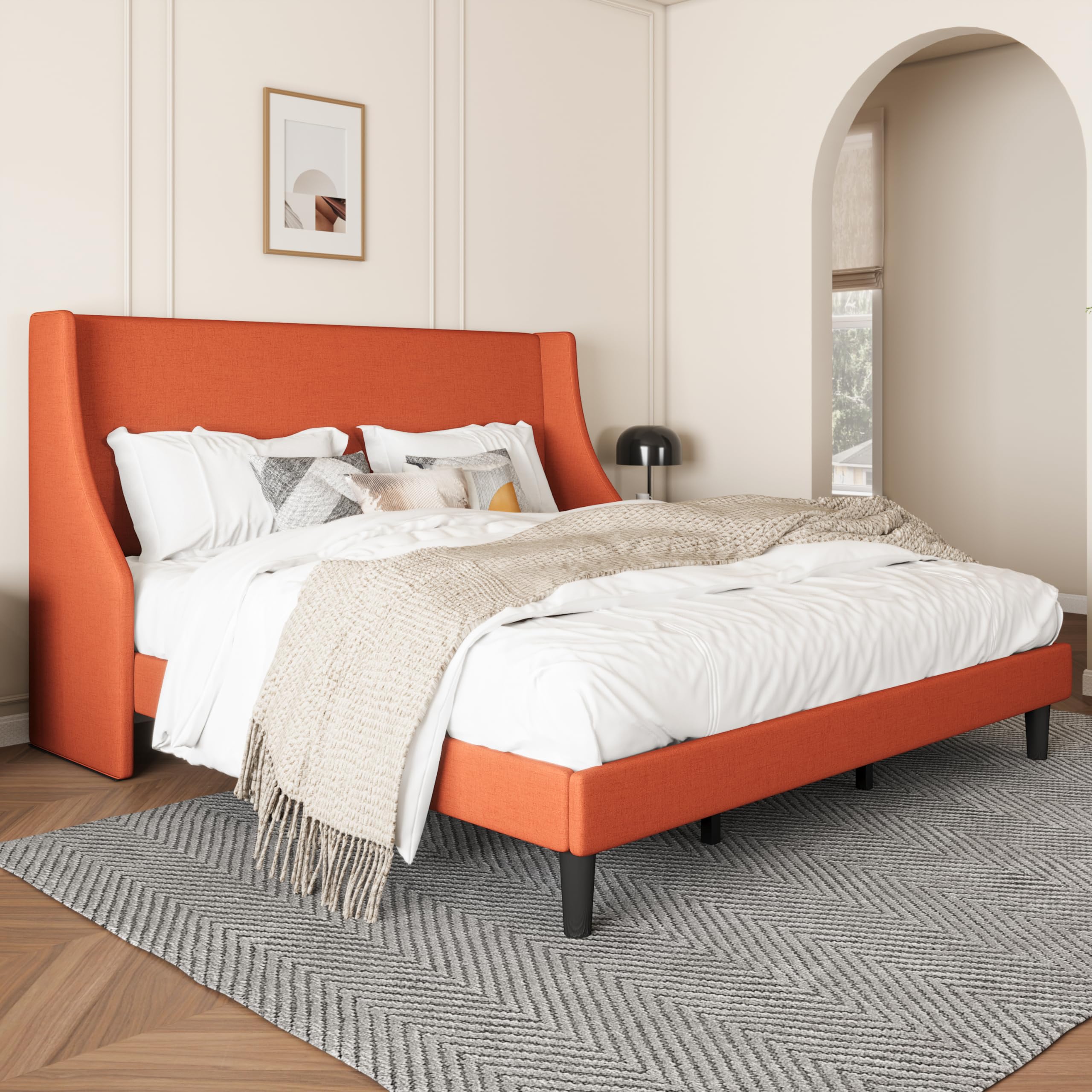 Upholstered King Bed Frame with Wingback Headboard