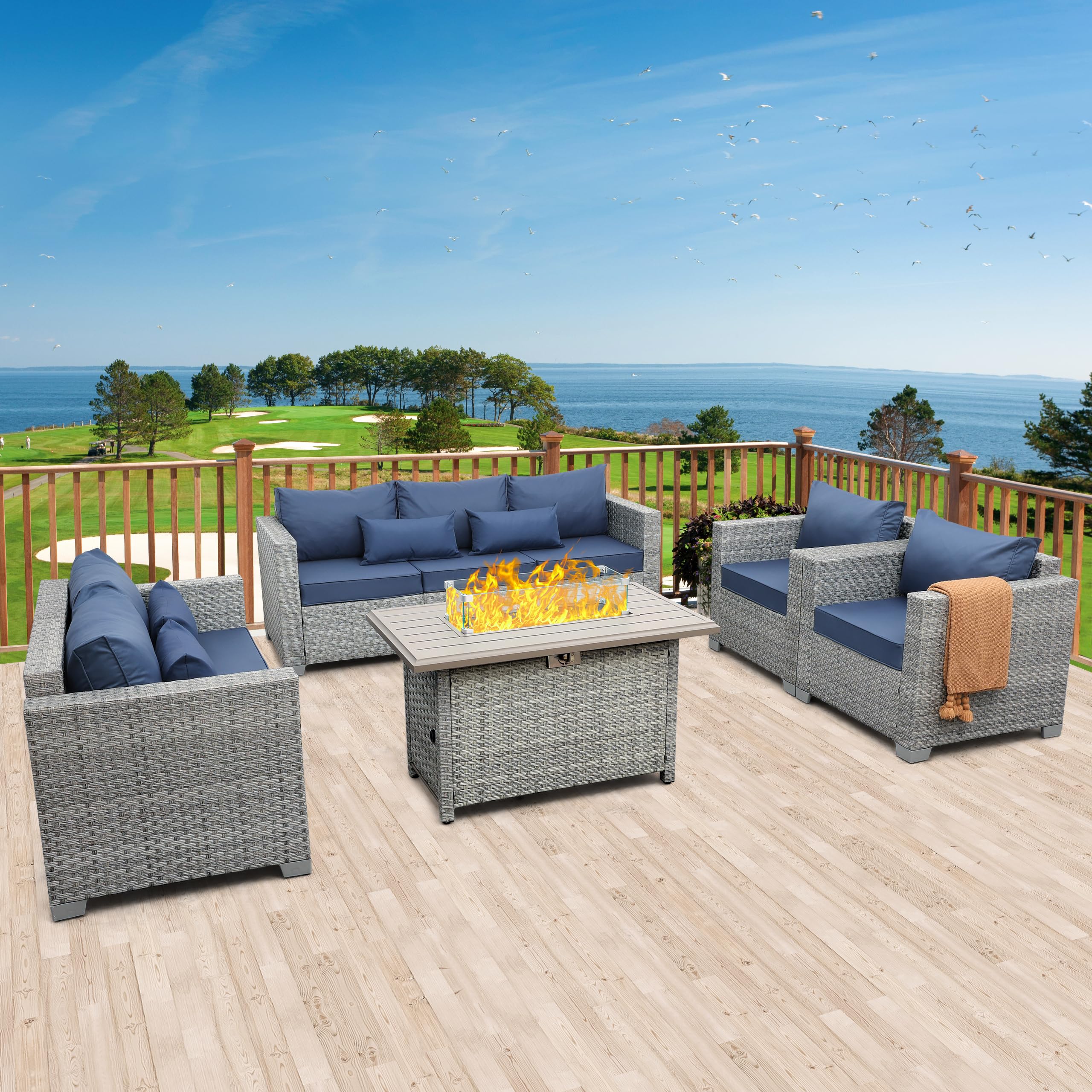 5-Piece Outdoor Sectional Sofa Set with Fire Pit Table