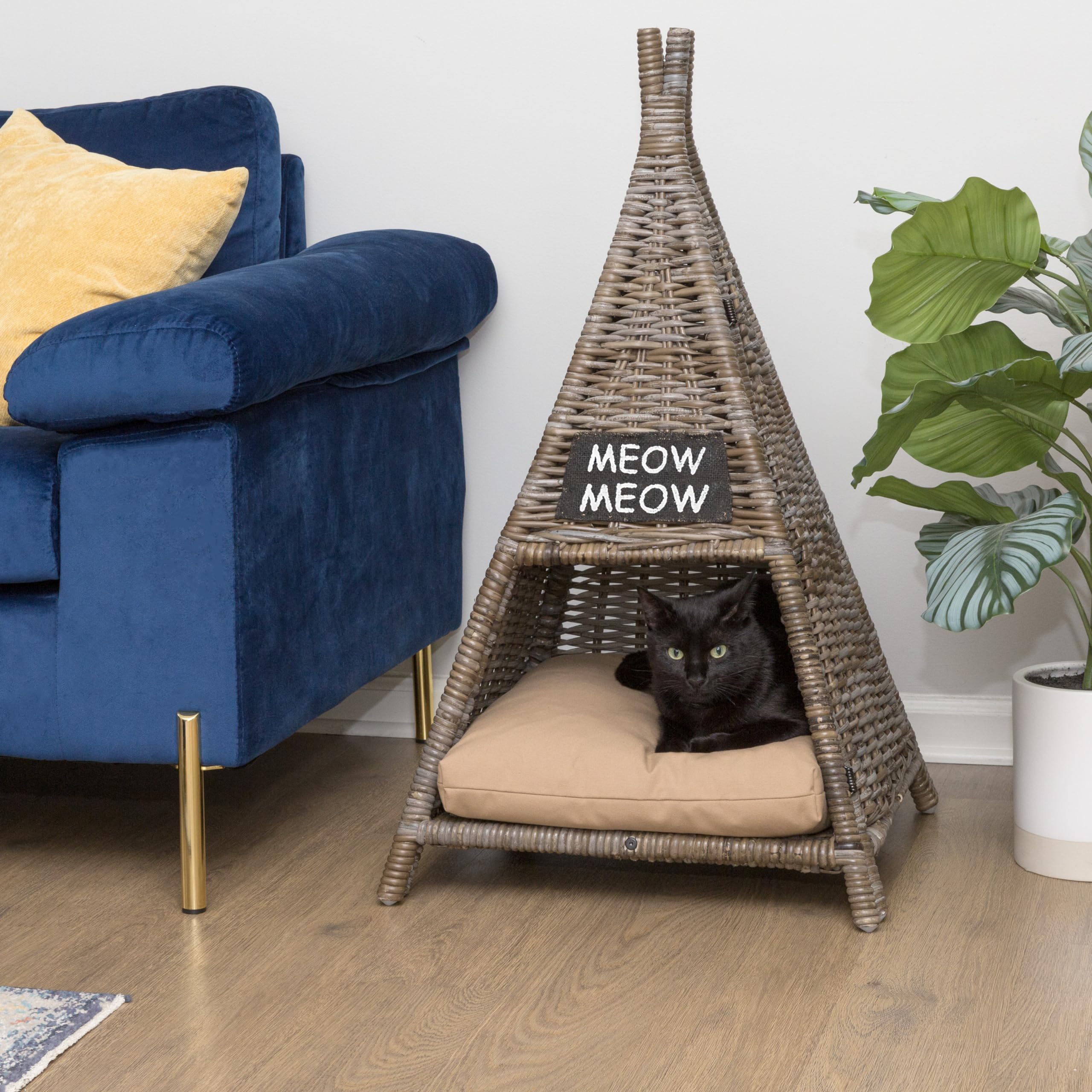 Tiki Tent Coastal Handwoven Rattan Cat Bed with Washable Cushion