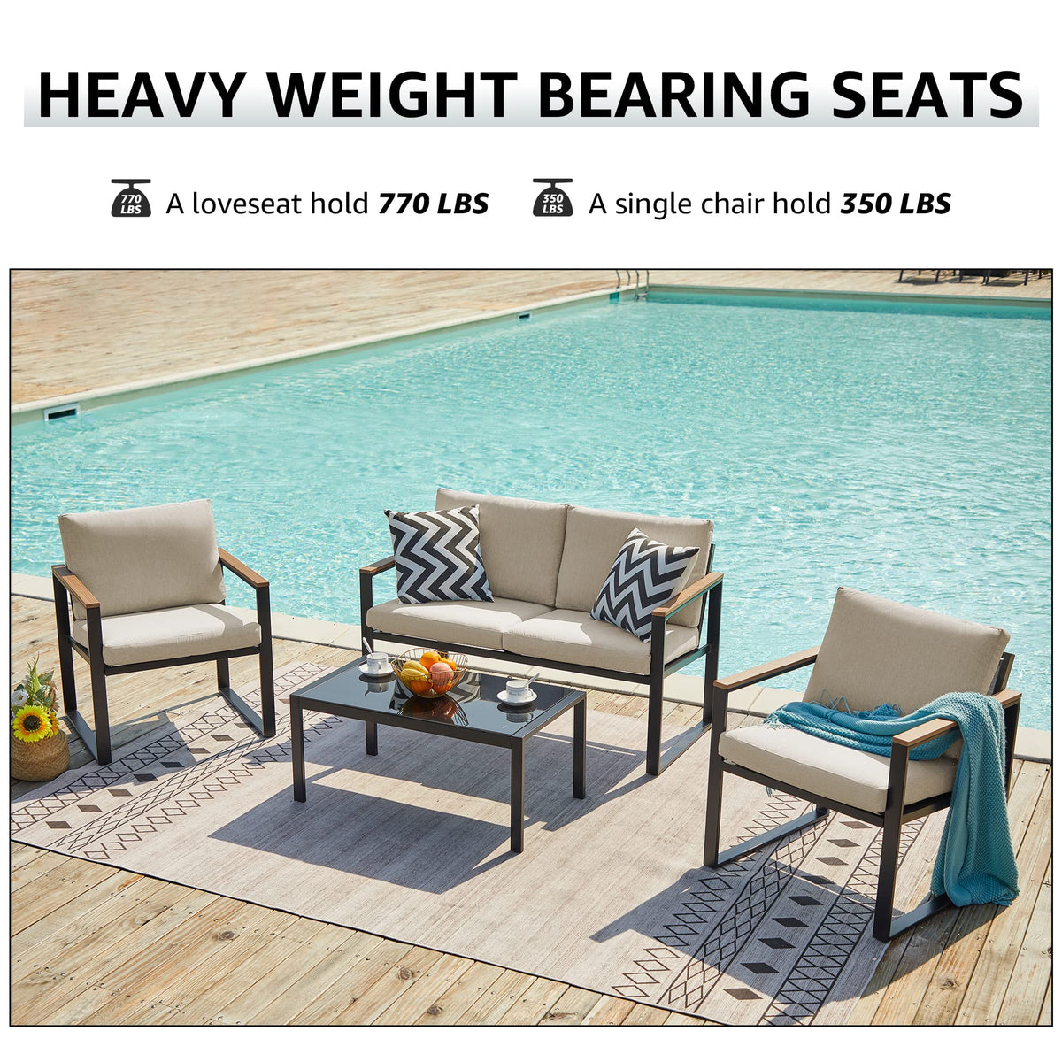 4 Piece Metal Patio Conversation Set with Olefin Cushions