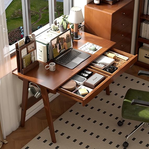 Solid Rubber Wood Writing Desk with Drawer