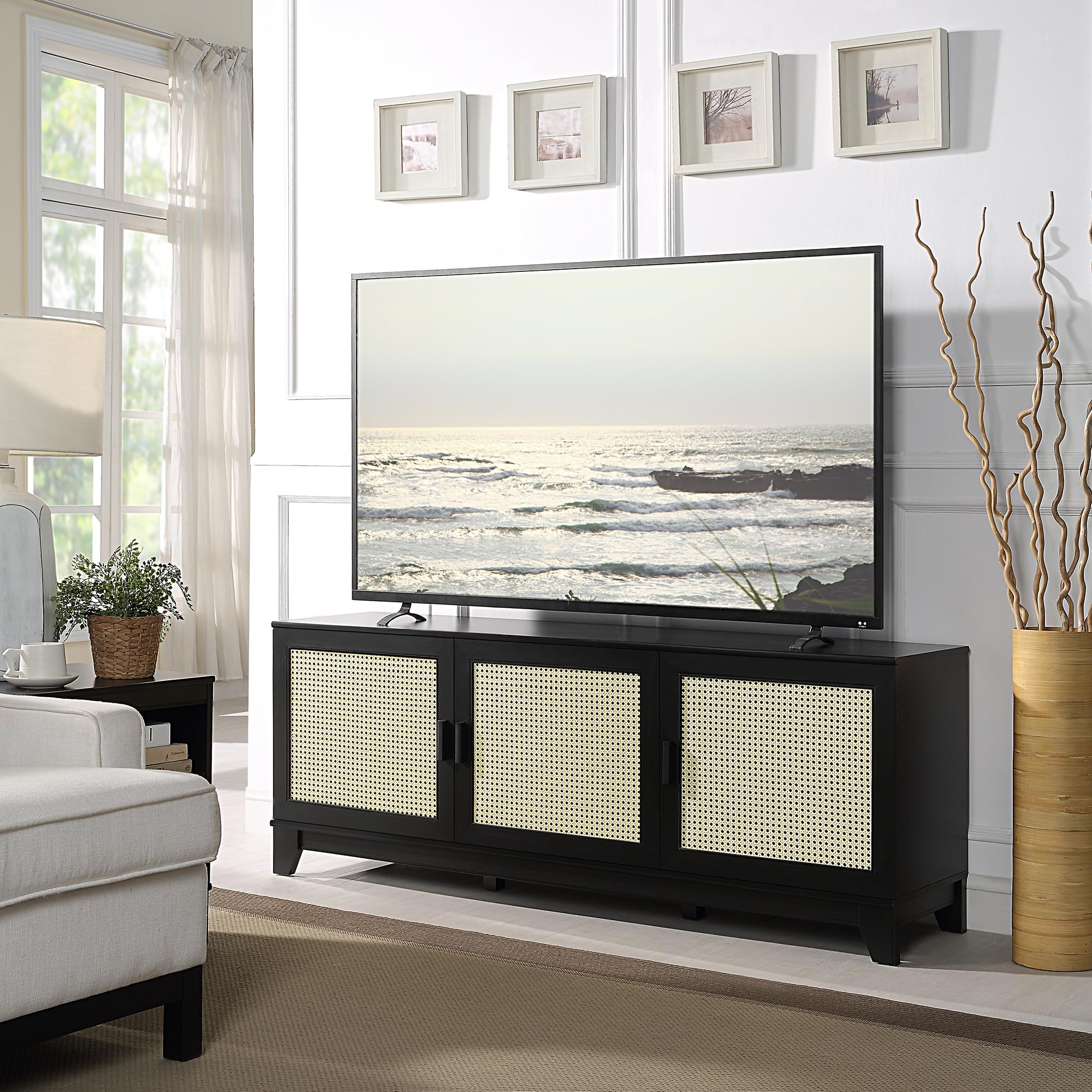 Mid-Century Modern Cane TV Stand 55 Inch